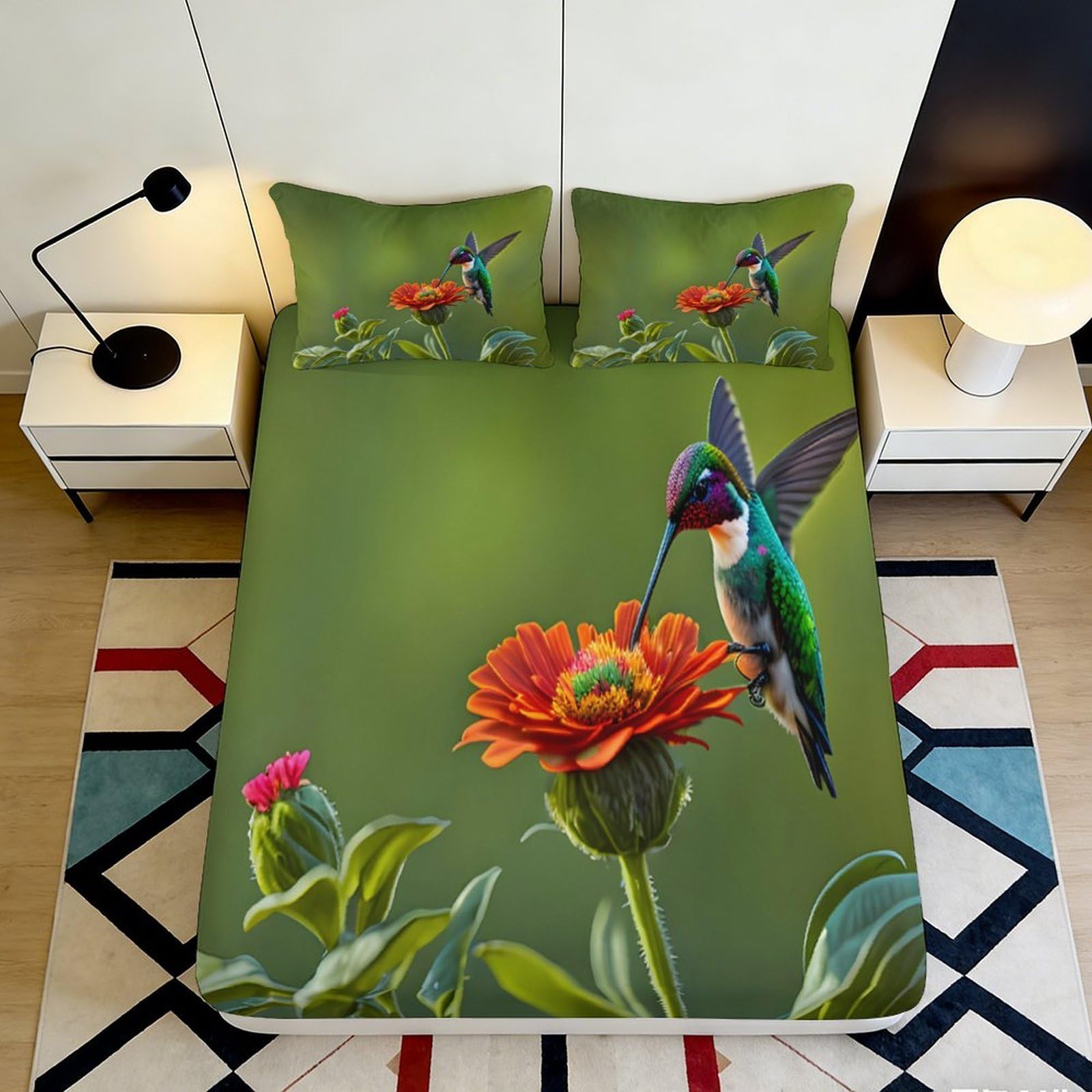 3D Printed Hummingbird Floral Fitted Sheet Microfiber Deep Pocket Non-Slip Hummingbird Flower Mattress Fitted Cover Home Bedding 180x200x25cm
