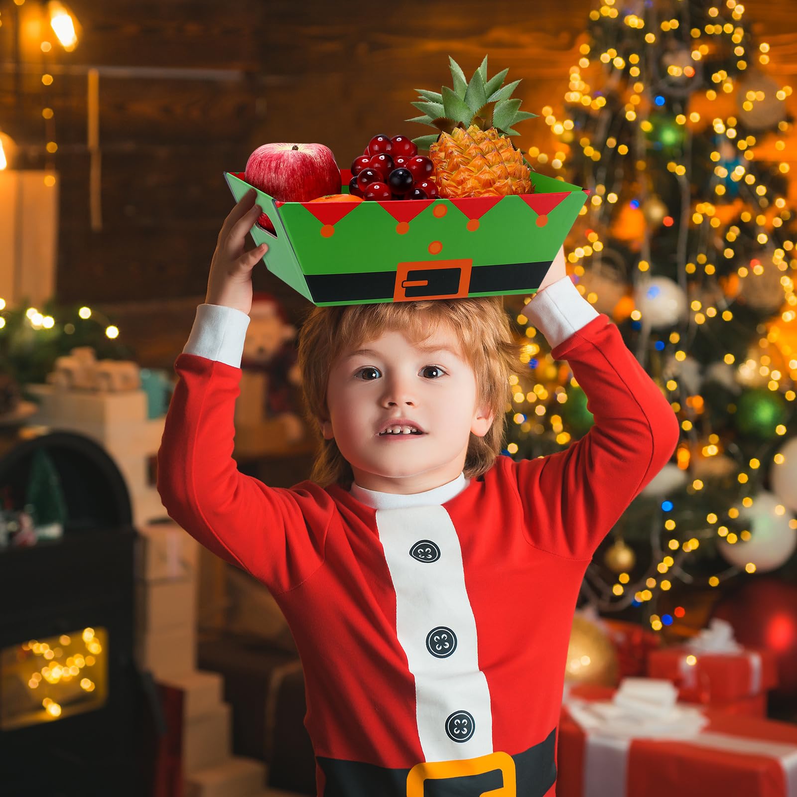 Tioncy Confezione da 44 cesti natalizi vuoti per regali, tra cui 12 cesti regalo vuoti in cartone, 12 sacchetti regalo trasparenti, 20 fiocchi dorati per bellissimi regali, Natale, Pasqua (elfo)