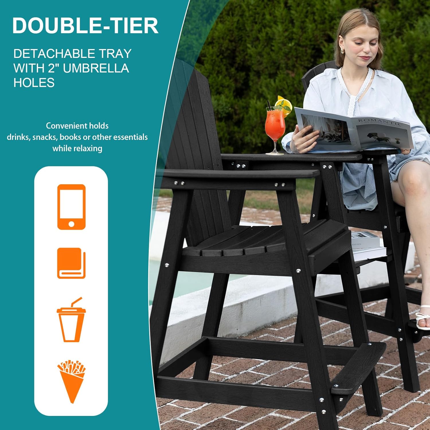 PLUUV Tall Adirondack Chairs Set of 2 High Back Adirondack barstools with Removable Connecting Tray, HDPE Height Adirondack Barstools, High Patio Chairs for Balcony, Lawn, Deck, Backyard - Black