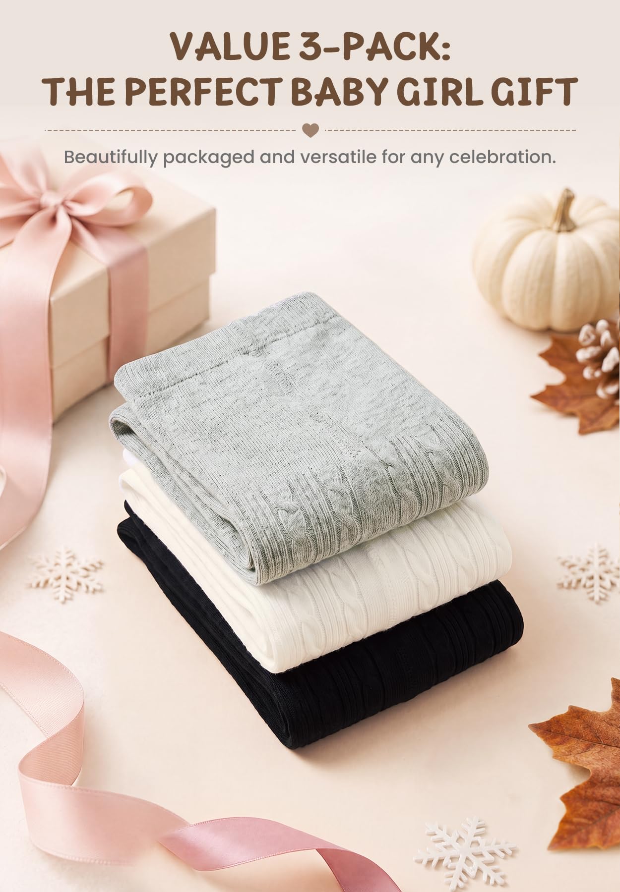 Zando Collant per neonata e bambina, in maglia, in cotone, per bambine, confezione da 3 pezzi, 0-4T