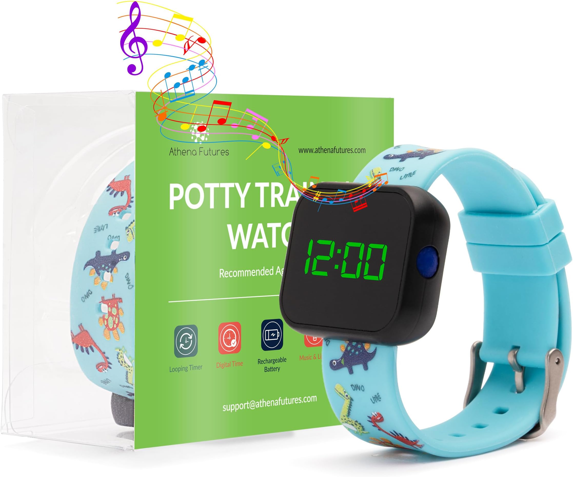 Potty Training Timer Watch With Flashing Lights And Music Tones - Not 100% Water Resistant, Rechargeable, Dinosaur Colorful Band, Discreet, Smart Sensor, Potty Training Watch