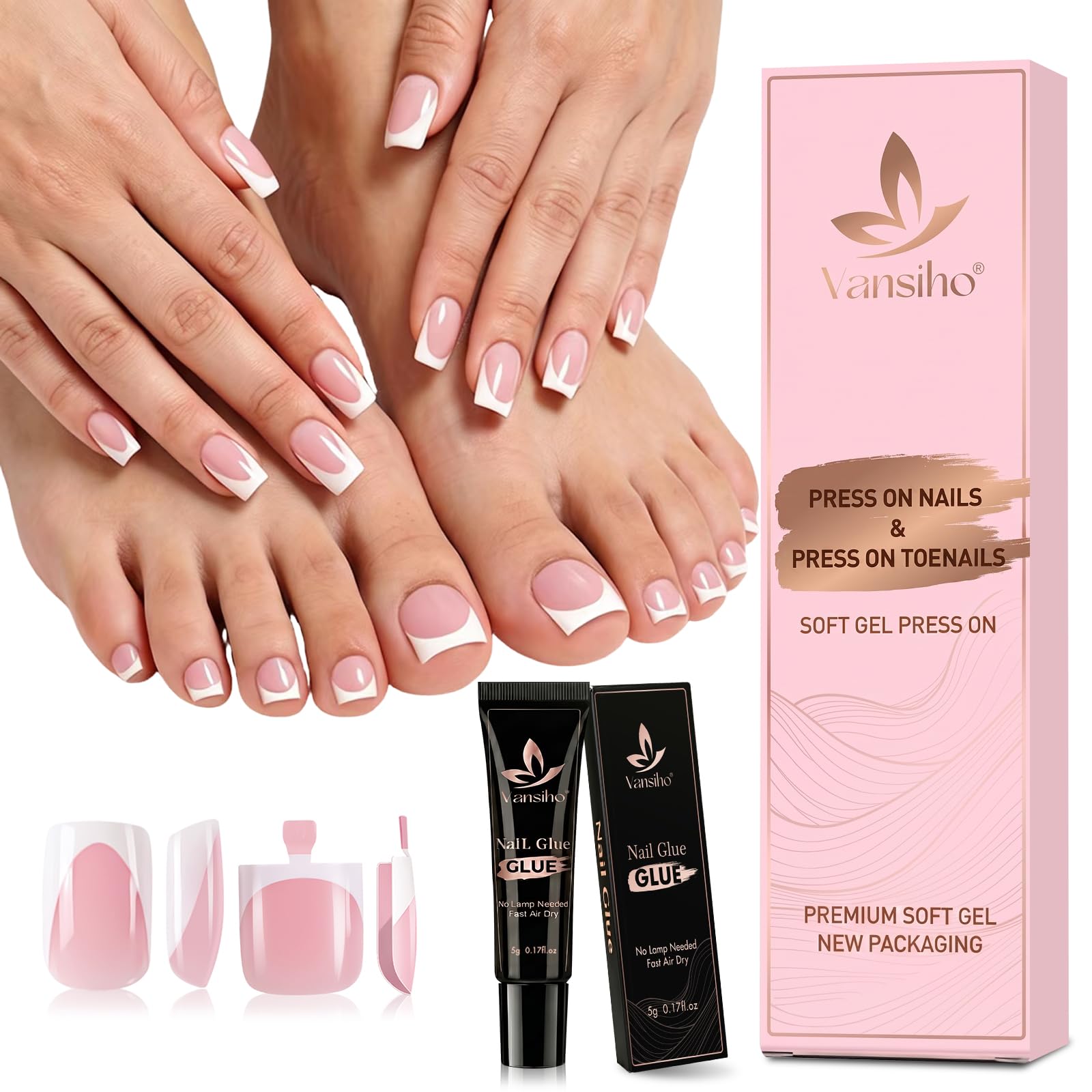 Vansiho Pink Short Deep French Tip Press on Nails & Press on Toenails Set A-Pink-DF-1