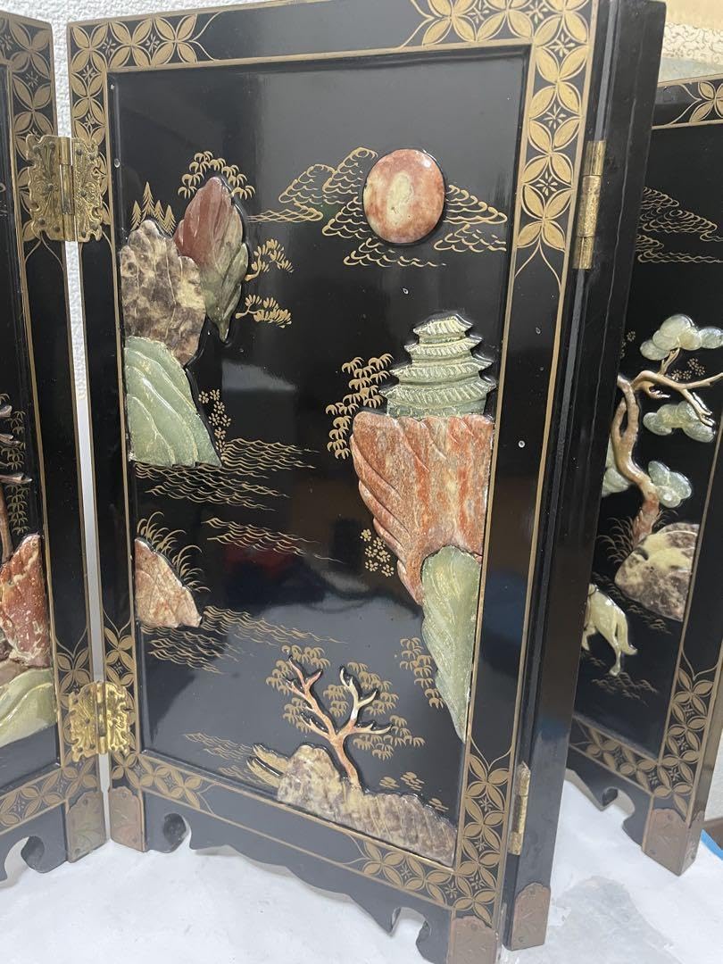 美品屏風　玉石細工　屏風 4パネル 玉石象嵌 美品屏風 玉石細工 屏風 4パネル 玉石象嵌