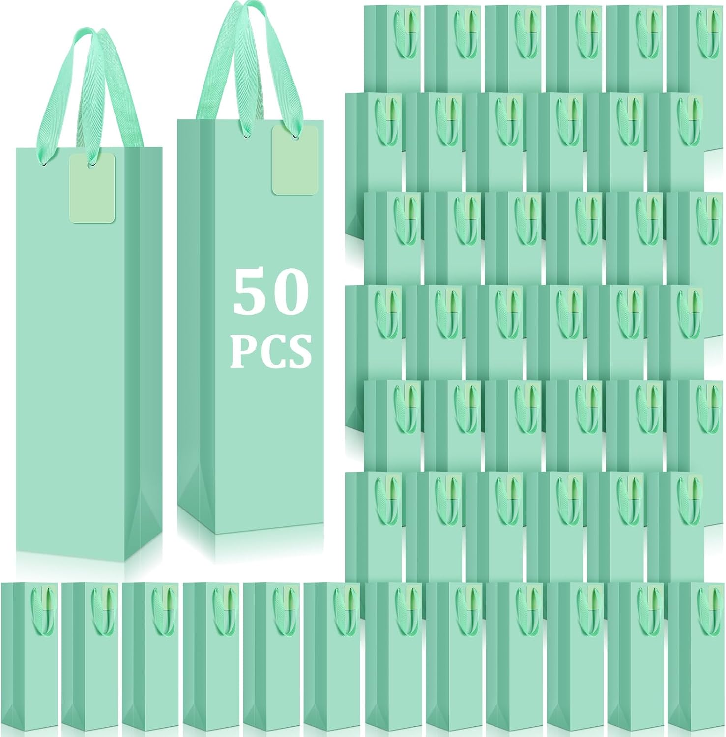 Windyun 50 Pack Wine Gift Bag Wine Tote Bags Bulk 3.9 x 3.5 x 13.8 Inch Kraft Paper Bag with Handles for Small Business Present Wedding Party Supplies (Green)