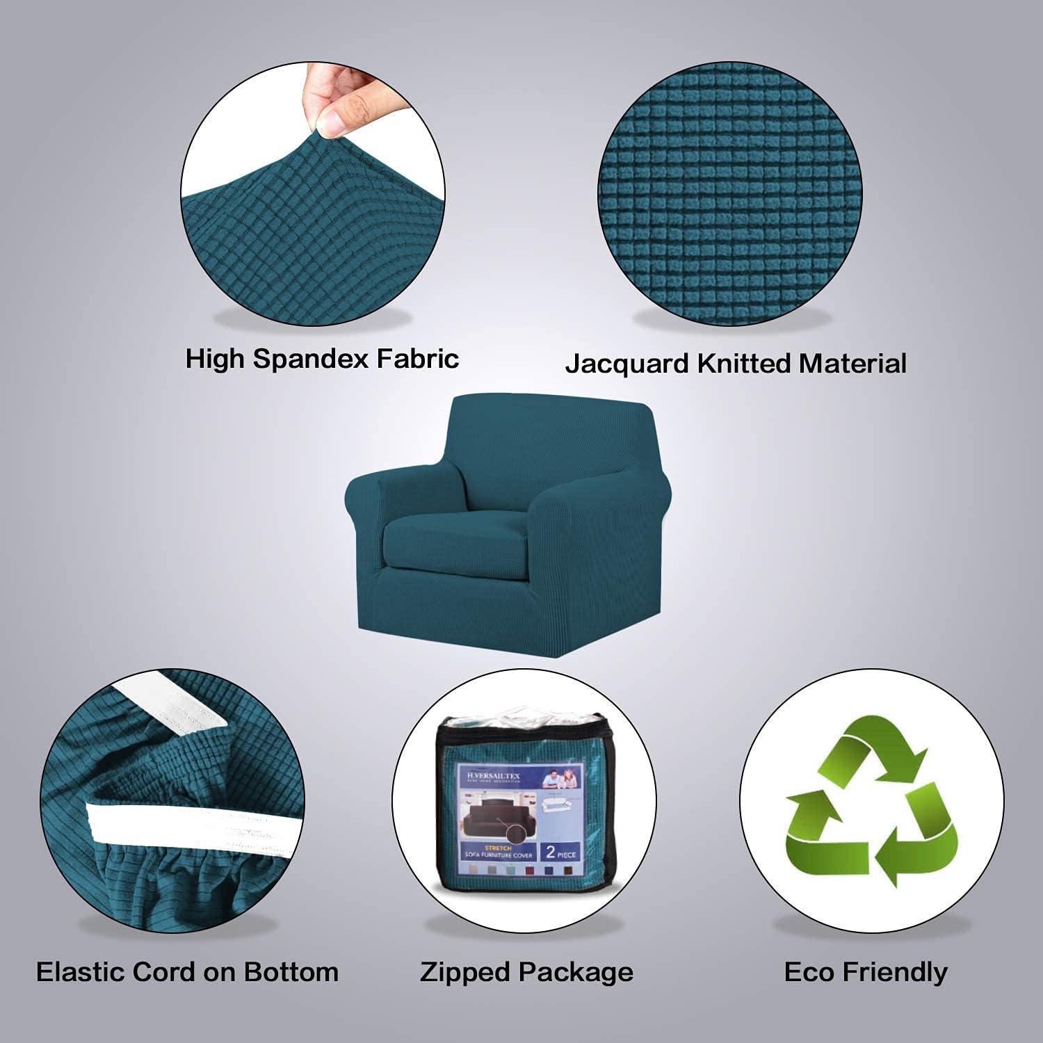 H.VERSAILTEX 2 Pieces Stretch SOFE Covers Bundle Loveseat Slipcover Bundle Chair Cover, Feature Upgraded Thicker Jacquard Fabric, Deep Teal