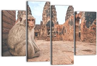 Canvas Wall Art for Bedroom 4 Panels Monkey Phra Prang Sam Yot Temple Lopburi Thailand Framed Art Prints Wall Decor for Bathroom Ready to Hang Western Home Decor Office Bar
