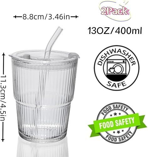 Miniatura 6 de Vaso de vidrio para café helado de 13 onzas13.5 fl oz, taza de vidrio de agua de pared gruesa, taza de té con popote y tapa sellada para llevar