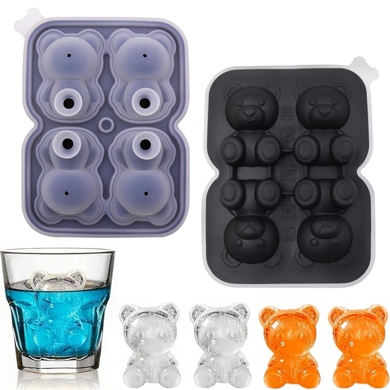 YXHZVON Silicone Ice Cube Tray, 1 Pack Bear-Shaped Ice Cube Moulds with Lids, Ice Cube Moulds & Ice Ball Maker for Freezer Cocktail Whiskey Drinks