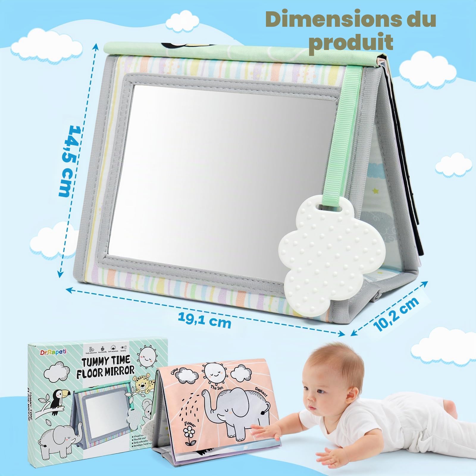 Dr.Rapeti Miroir Bebe Eveil, Miroir Montessori Jouet Noir et Blanc, Jouets Sensoriels avec Livre en Tissu Doux, Jouet avec Motif Contrasté for 0+