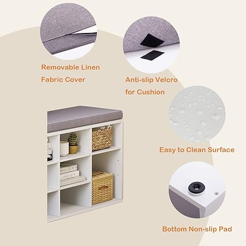 Miniatura 36 de DINZI LVJ Banco organizador de zapatos con cojín, zapatero de 9 cubos y estantes ajustables, multifuncional, para salas de estar, dormitorio, Gris