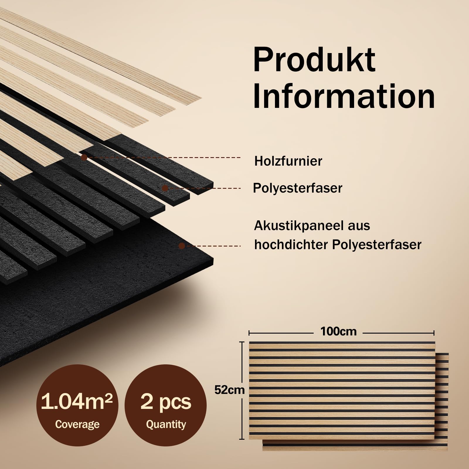 Akustikpaneele Selbstklebend 2er Set 100x52cm, Schalldämmung Echoreduzierung Wandpaneele aus Holzfurnier - akustikpaneele holz für Wanddekoration Wohnzimmer, Büro & Home Office