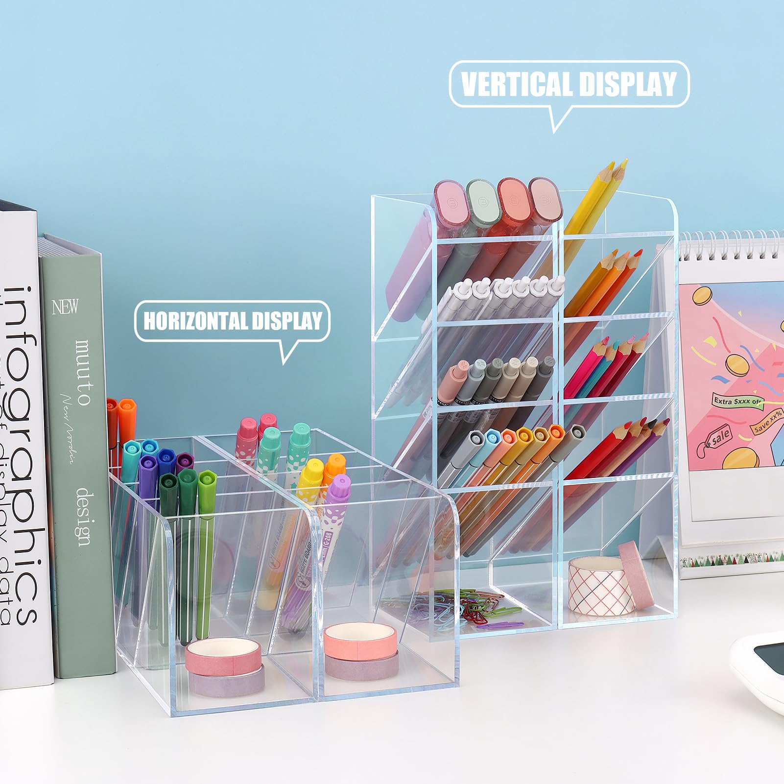 Uquelic Acrylic Pencil Holder, 5 Compartments Clear Pen Pot - Image 3