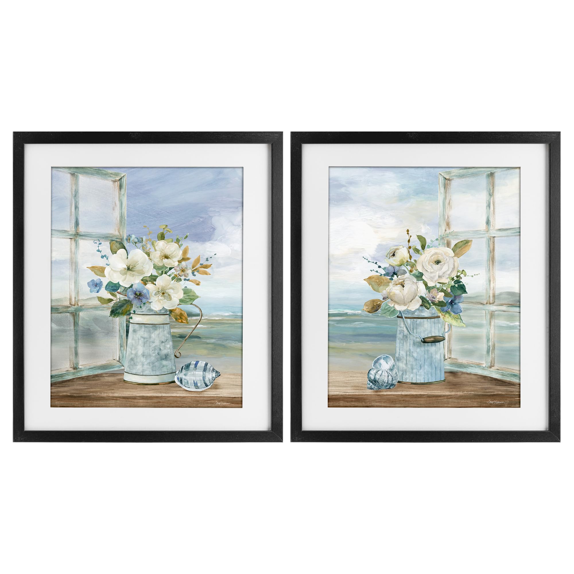 Stupell Industries Midnight Black (Textured) 'Seaside Bouquets In Window'| 2Pc Framed Print Under Glass Set