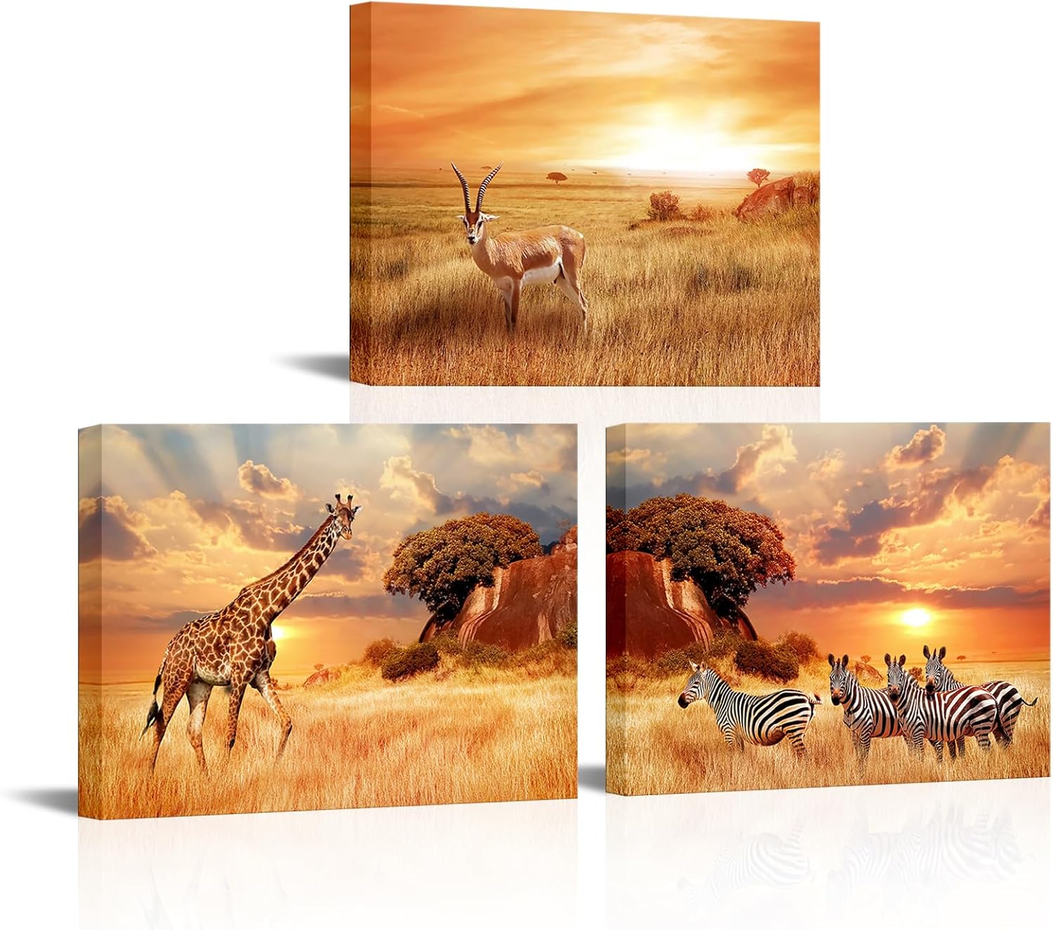 Derkymo 3 Pieces African Landscape Cnavas Wall Art Giraffe Zebra Wild Animal Picture for Wall Framed Ready to Hang