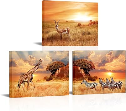 Derkymo 3 Pieces African Landscape Cnavas Wall Art Giraffe Zebra Wild Animal Picture for Wall Framed Ready to Hang