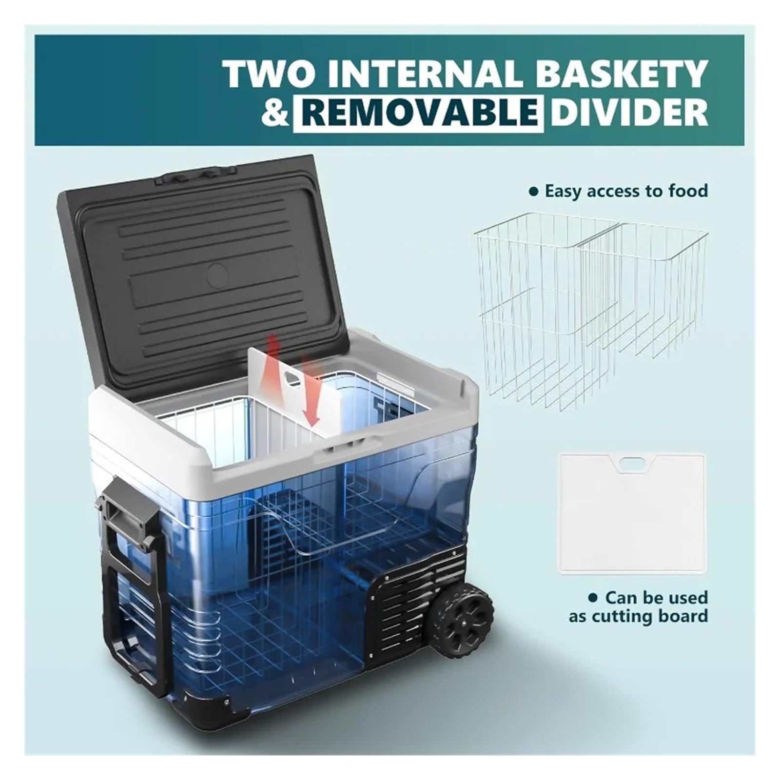 Refrigerador de 12 voltios, 53 Cuartos (50 L), Enfriador eléctrico, congelador portátil, 12 V/24 V CC, 110-240 V CA, refrigerador de 12 V, -20 °C a 20 °C, Enfriador de 12 V