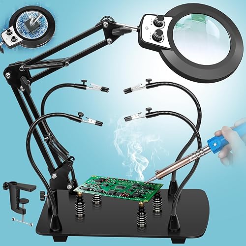 Estación de soldadura Helping Hands, lupa 10X con luz y soporte, 4 pilares magnéticos de PCB, lámpara de lupa de atenuación continua de color