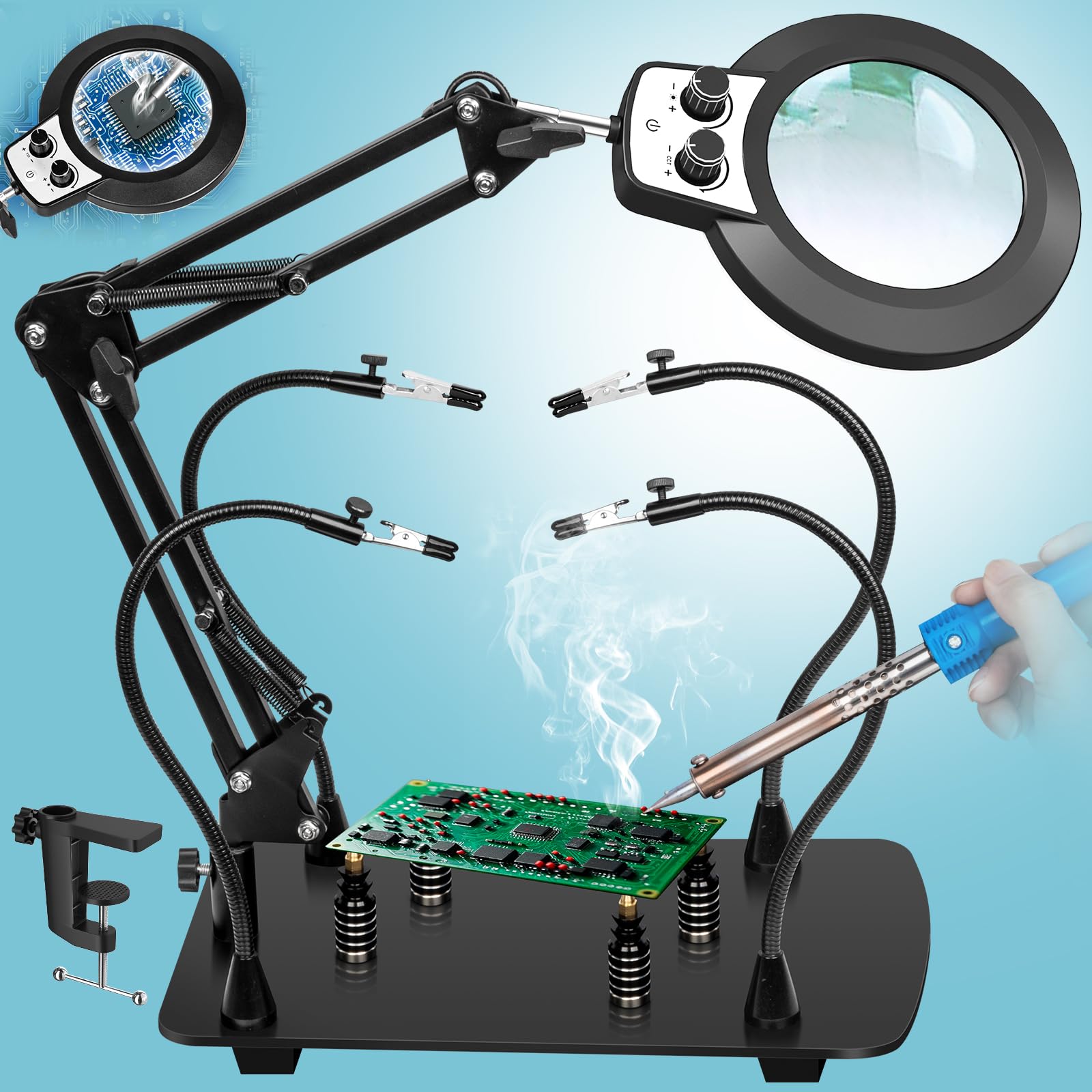 Helping Hands Soldering Station, 10X Magnifying Glasses with Light and Stand, 4 Magnetic PCB Pillars, Infinite Color Stepless Dimming Magnifier Lamp for Electronic Repair Model Craft