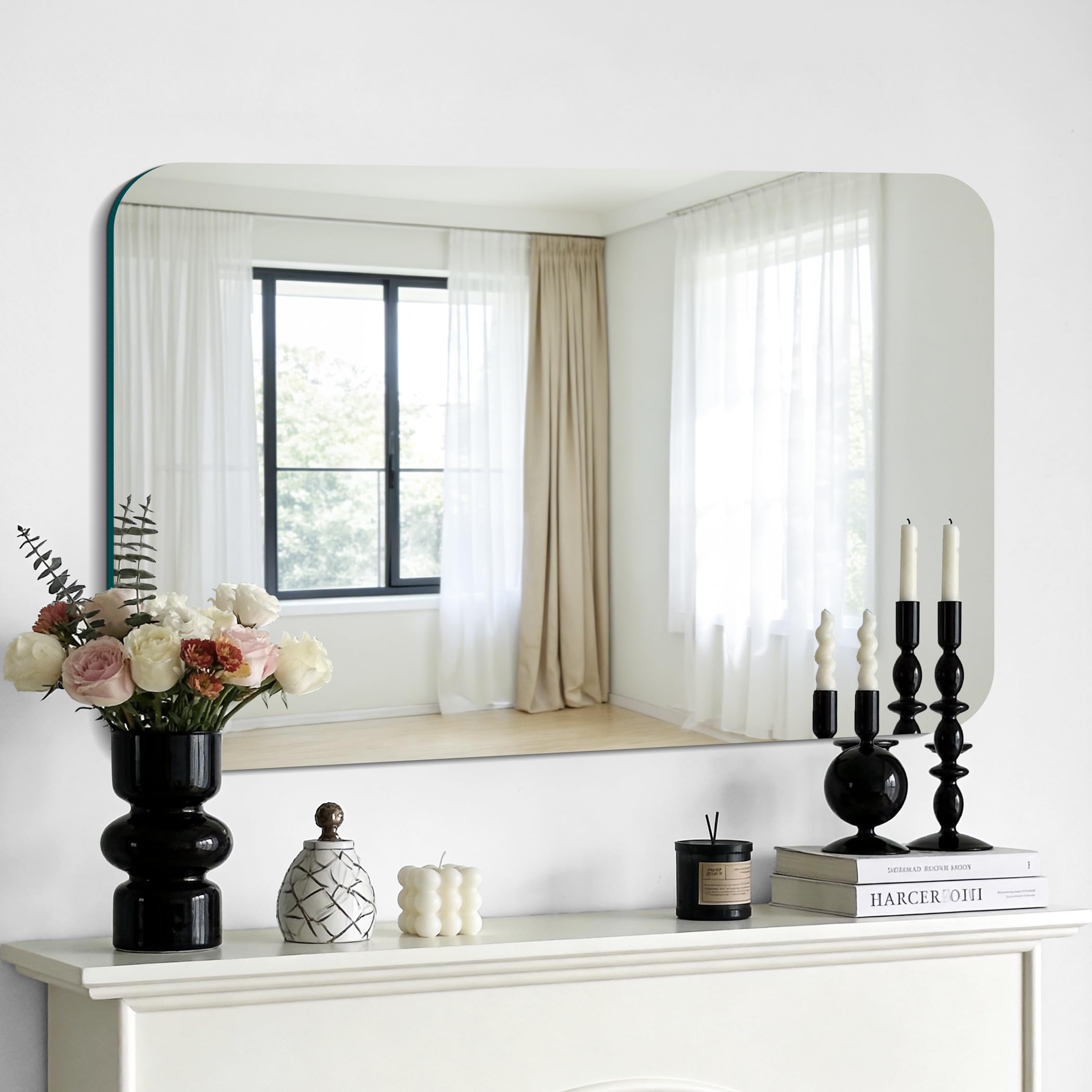 KOCUUY Miroir de Salle de Bain rectangulaire sans Cadre, Miroir Mural de 60x90 cm, Miroir en Verre incassable, réflexion HD, Coins arrondis, adapté à la Salle de Bain, la Chambre à Coucher