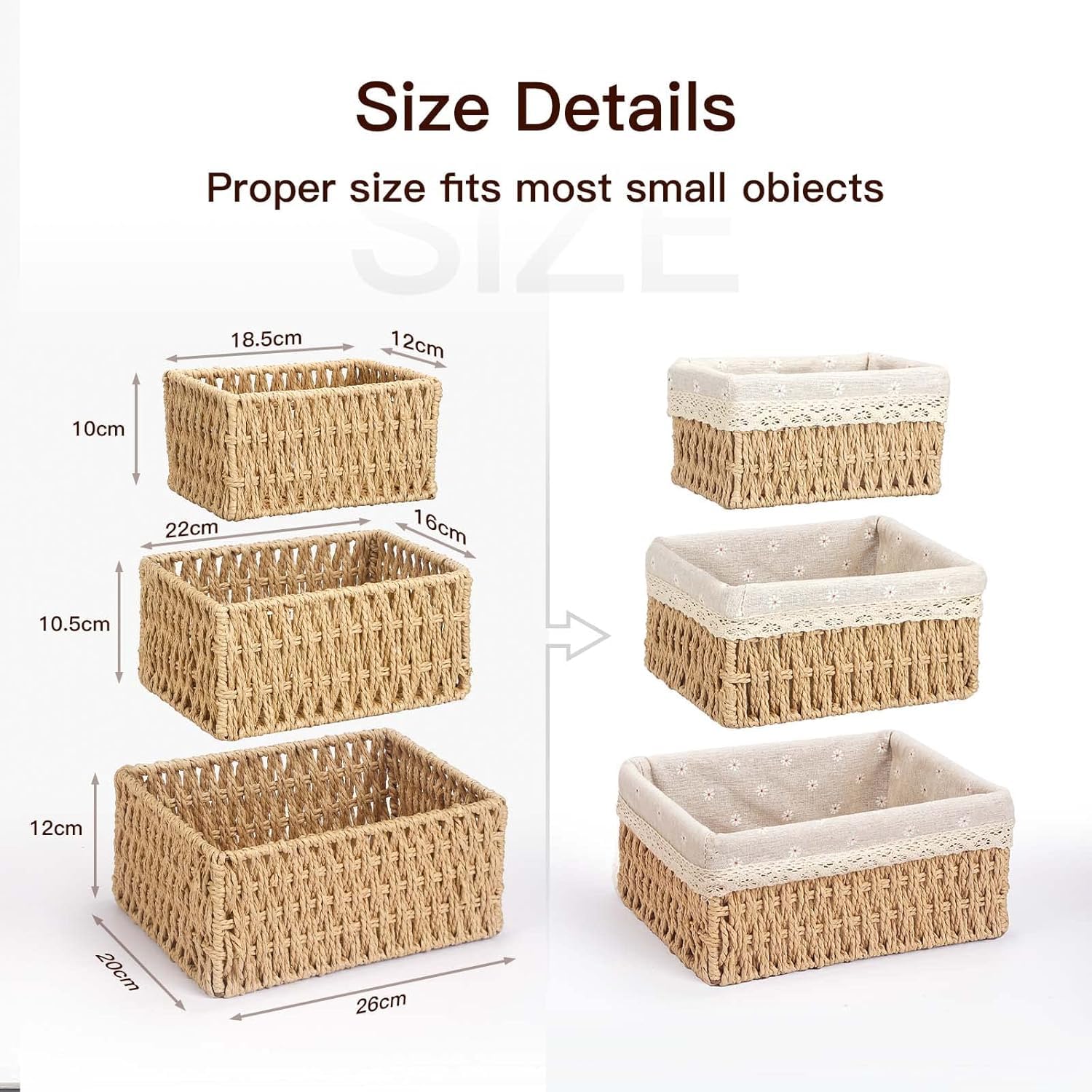 Geflochtene Aufbewahrungskörbe 3er Set für Wickeltisch & Babyzimmer – Kleine Körbchen Organizer aus Papierseil mit Stoffeinsatz für Windeln, Kosmetik, Badezimmer & Regal (Landhaus Blumen)