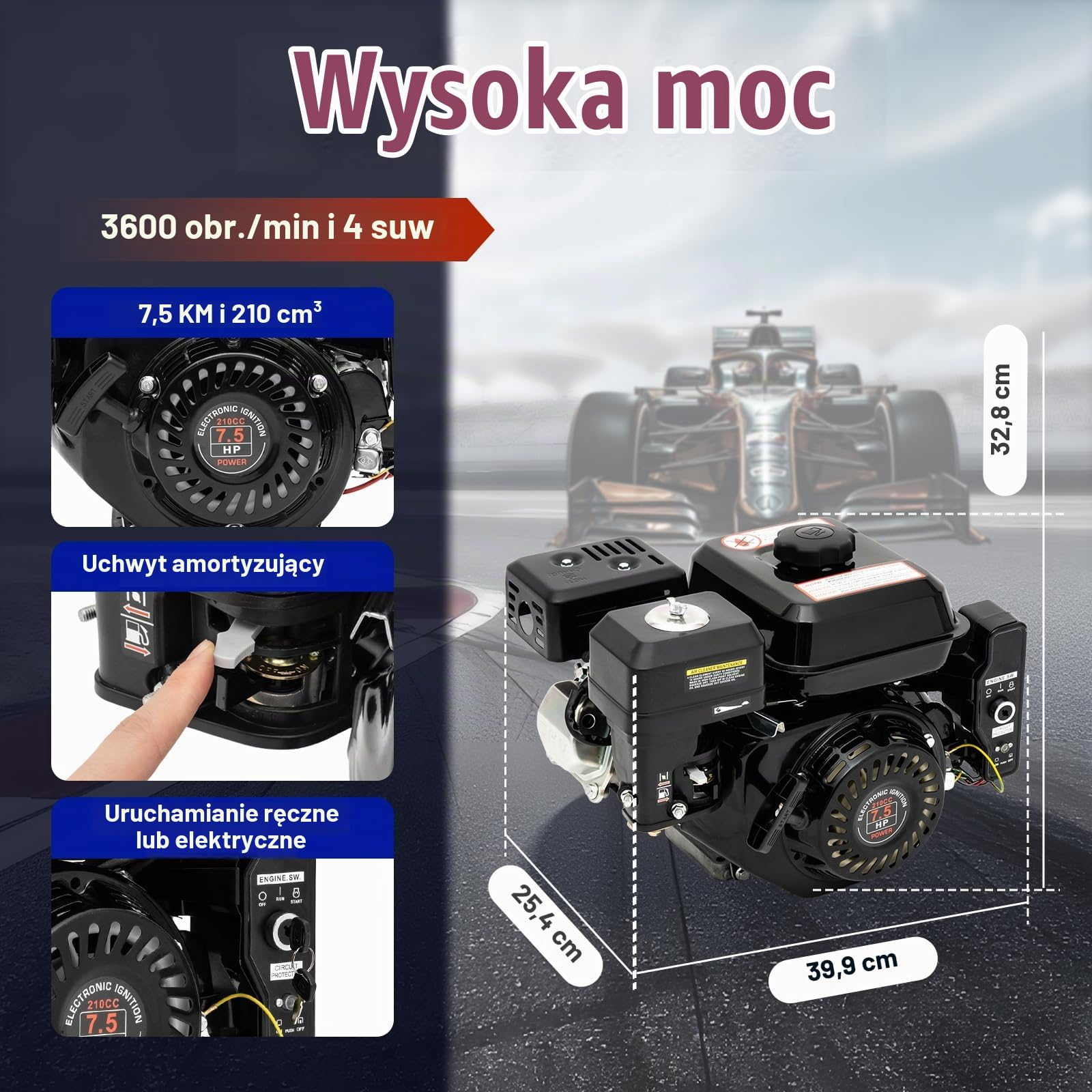 Silnik benzynowy 7,5 KM, 3 kW, silnik przemysłowy, gokart, elektryczny, 210 cc, 4-suwowy, jednocylindrowy, chłodzony powietrzem, gokarty, generator, myjka wysokociśnieniowa, przecinarka do betonu 3600