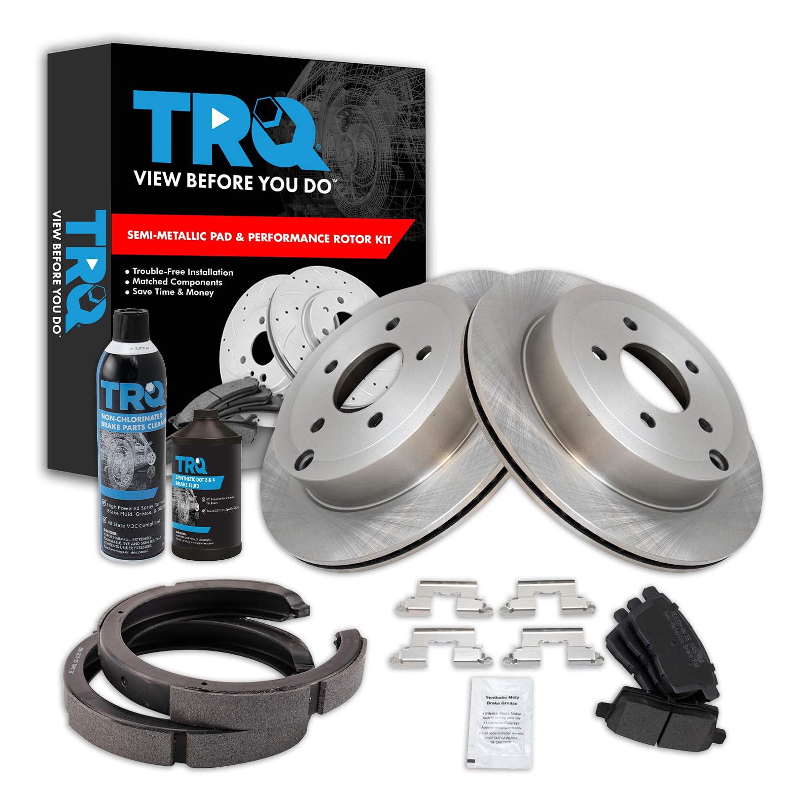 TRQ Rear Brake Pad &amp; Rotor Kit, with Chemical Kit Parking Brake Shoe Set Semi-Metallic Compatible with 2007-2010 Ford Edge Lincoln MKX
