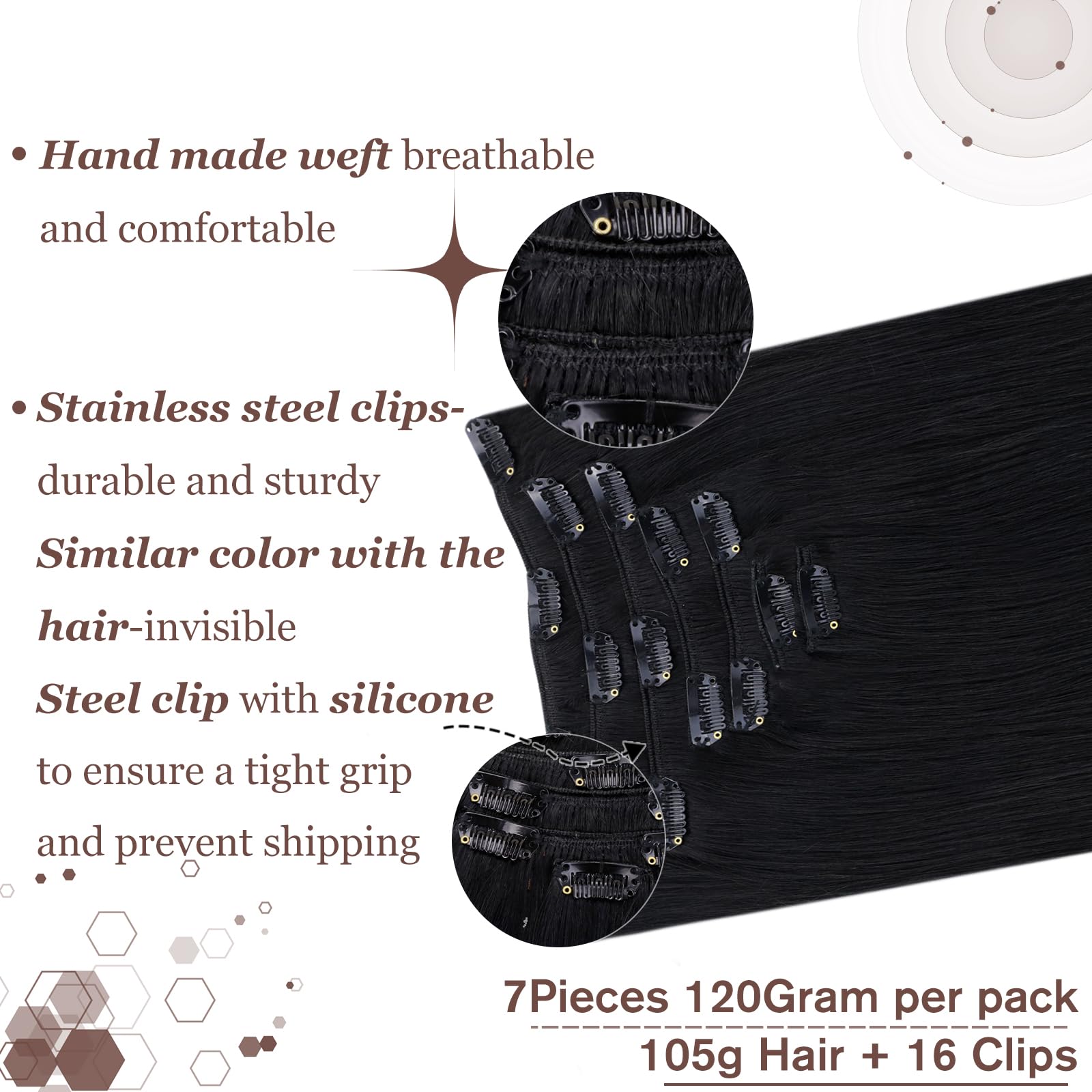Hetto Clip in Hair Extensions Real Human Hair Black 120g 7Pcs, Full Head Natural Black Human Hair Pieces Clip Ins Invisible - Image 3