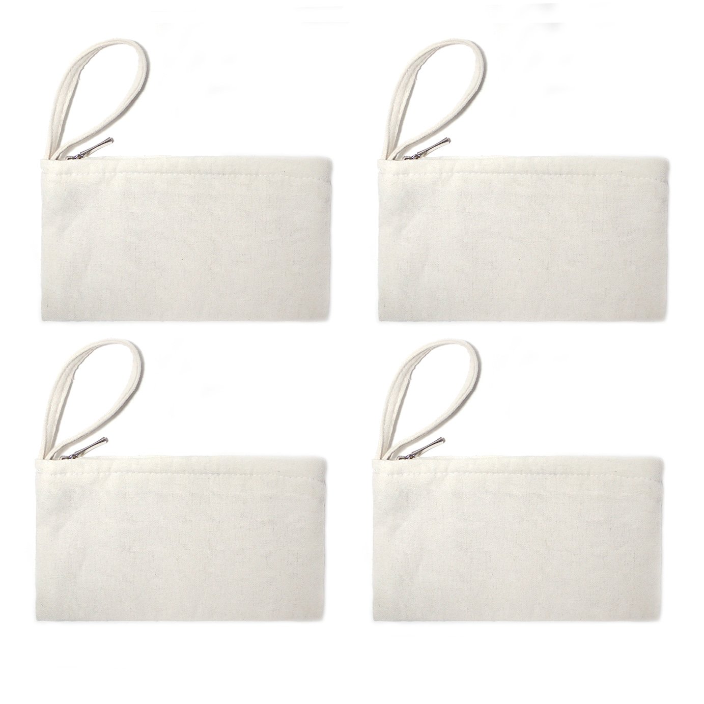 Wristlet Cotton Canvas Zipper Cosmetic Bag Makeup Bags Tool Organizer with Cotton Lining, 5.11"x7.48", White, Pack of 4
