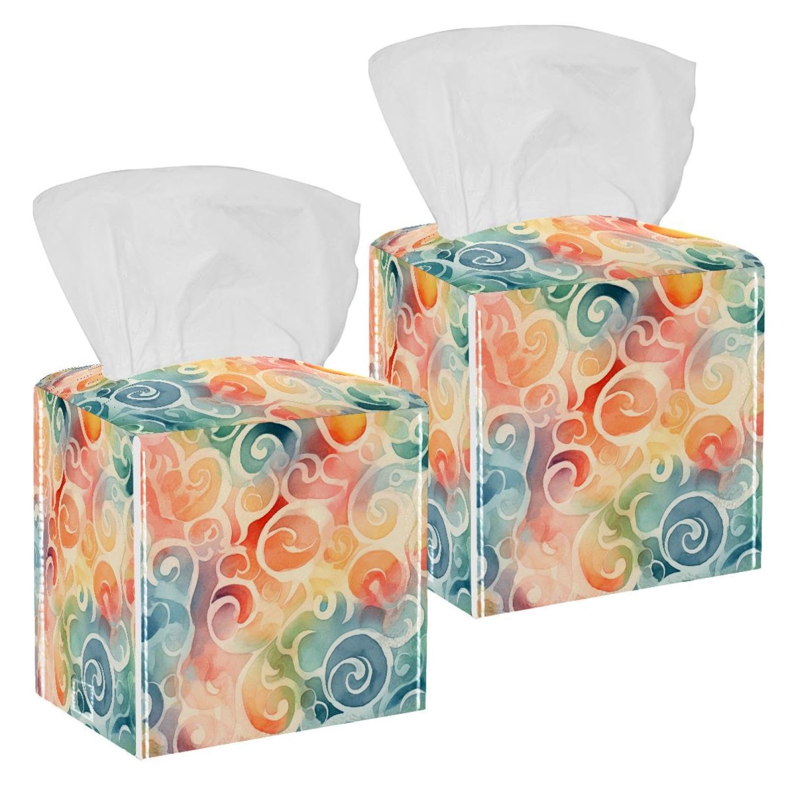 Watercolor Swirls Tissue Box Cover, 2 Pack PU Leather Square Facial Tissue Dispenser Box holder for Home Office Car