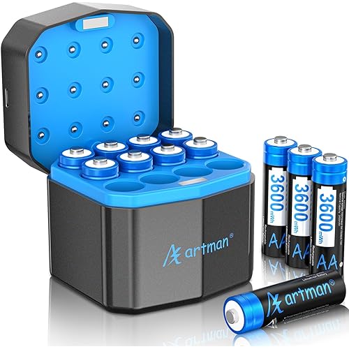 A Artman Rechargeable Lithium AA Batteries 12 Pack with 12-Slot Charger, 3600mWh 1.5V High Power AA Lithium Batteries for Blink Outdoor Camera, Rechargeable Double A Battery with 2000+ Cycles (Black)
