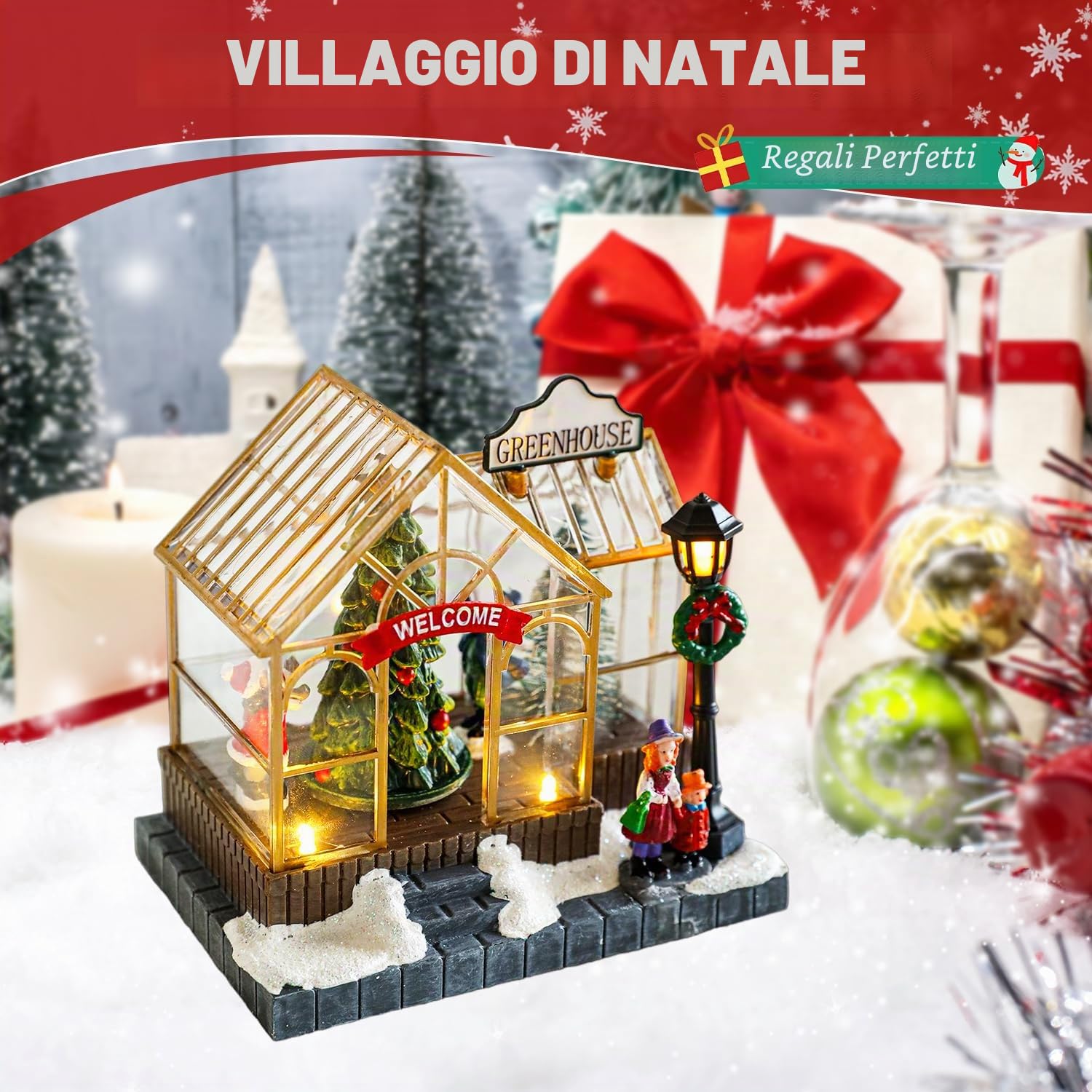 Tissting Incantevole Casa di Illuminazione Natalizia, Ornamenti Villaggio in Resina, Set di Accessorio per Natale, Luminoso Ornamenti per Vacanze Decorazioni Desktop, Kit Casa Decorazione Natalizia