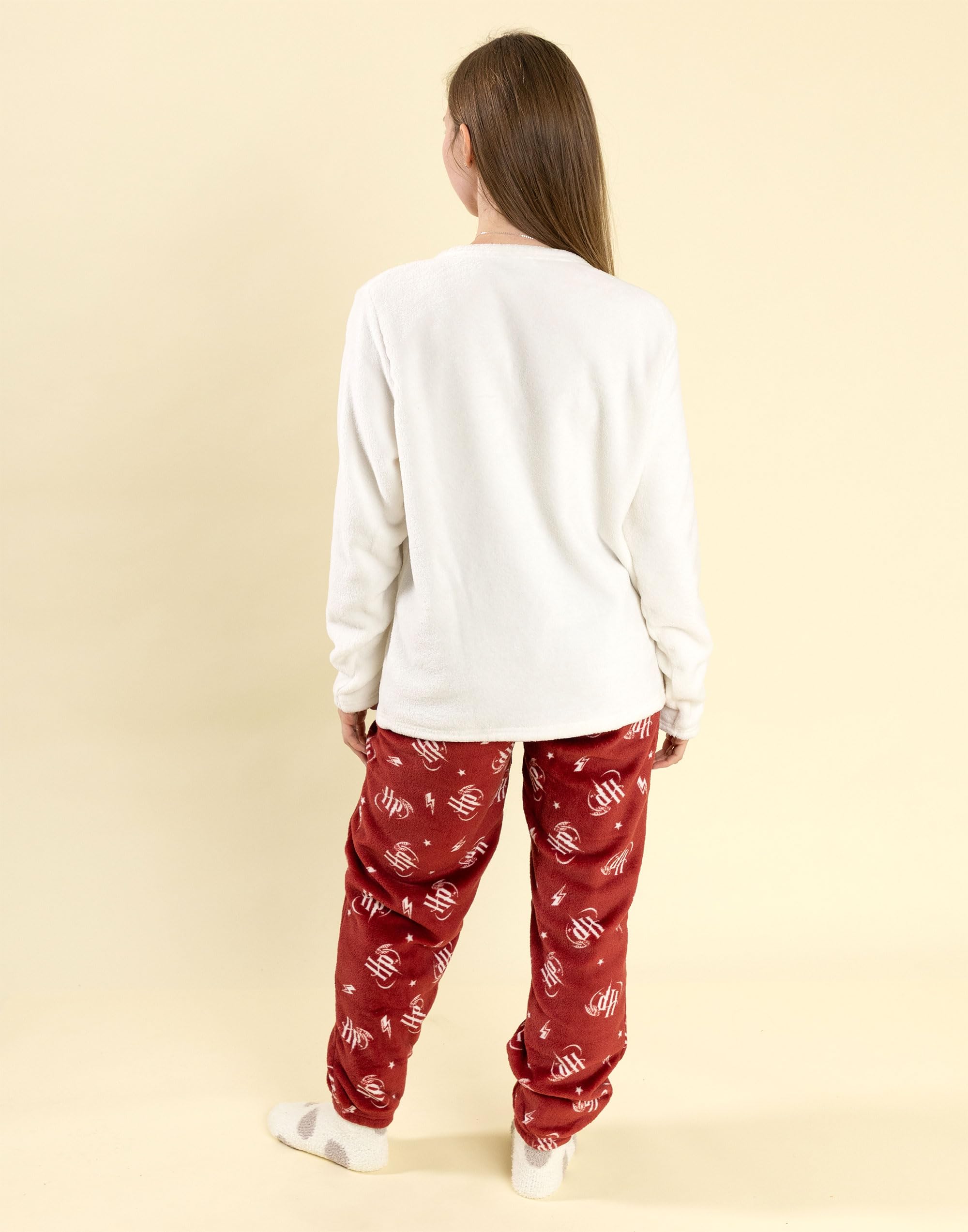 Harry Potter Pigiama da Donna a Maniche Lunghe e Gambe Lunghe di Hedwig in Pile Caldo Rosso e Crema | Design della Scuola di Magia e Stregoneria di Hogwarts | Merchandising