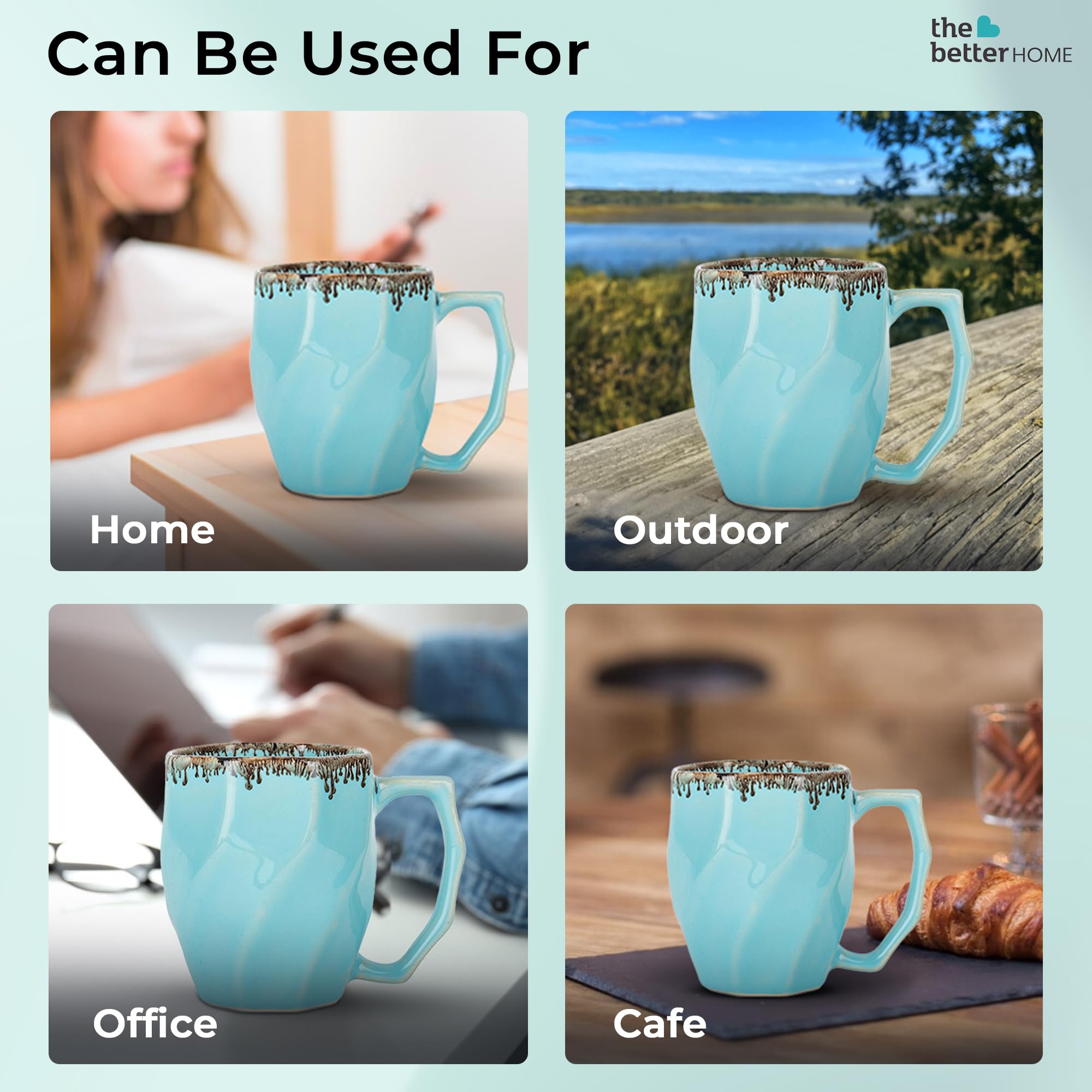 The Better Home Terra Series Ceramic Tea Coffee Cup with Handles (280 ml x 6) | Microwave Safe | Scratch Resistant | Stain Proof | Glossy Finish | Gifting Set | (Pack of 6- Sky Blue) 2