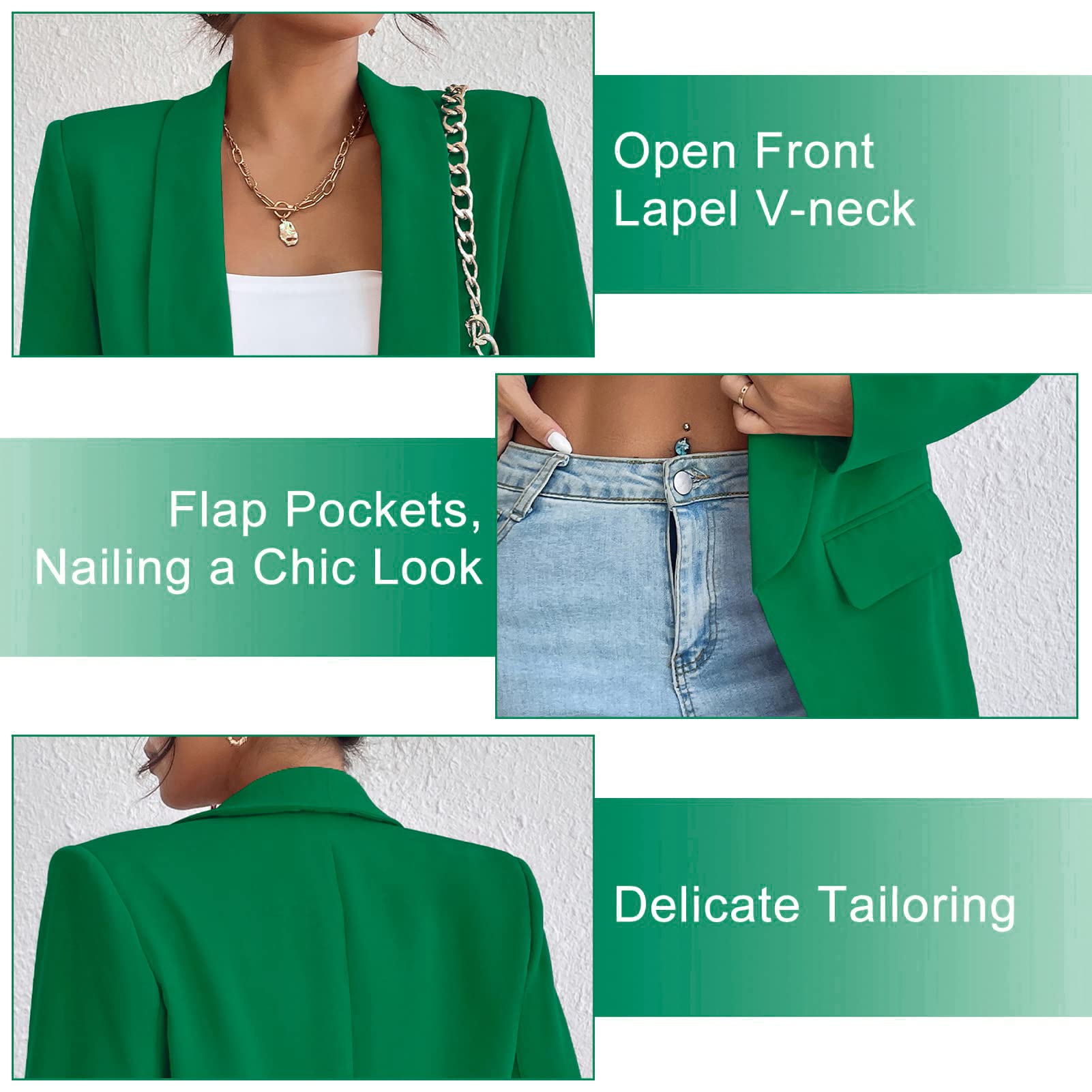 Blazer largo casual para mujer, con frente abierto, chaqueta de trabajo de oficina con bolsillos