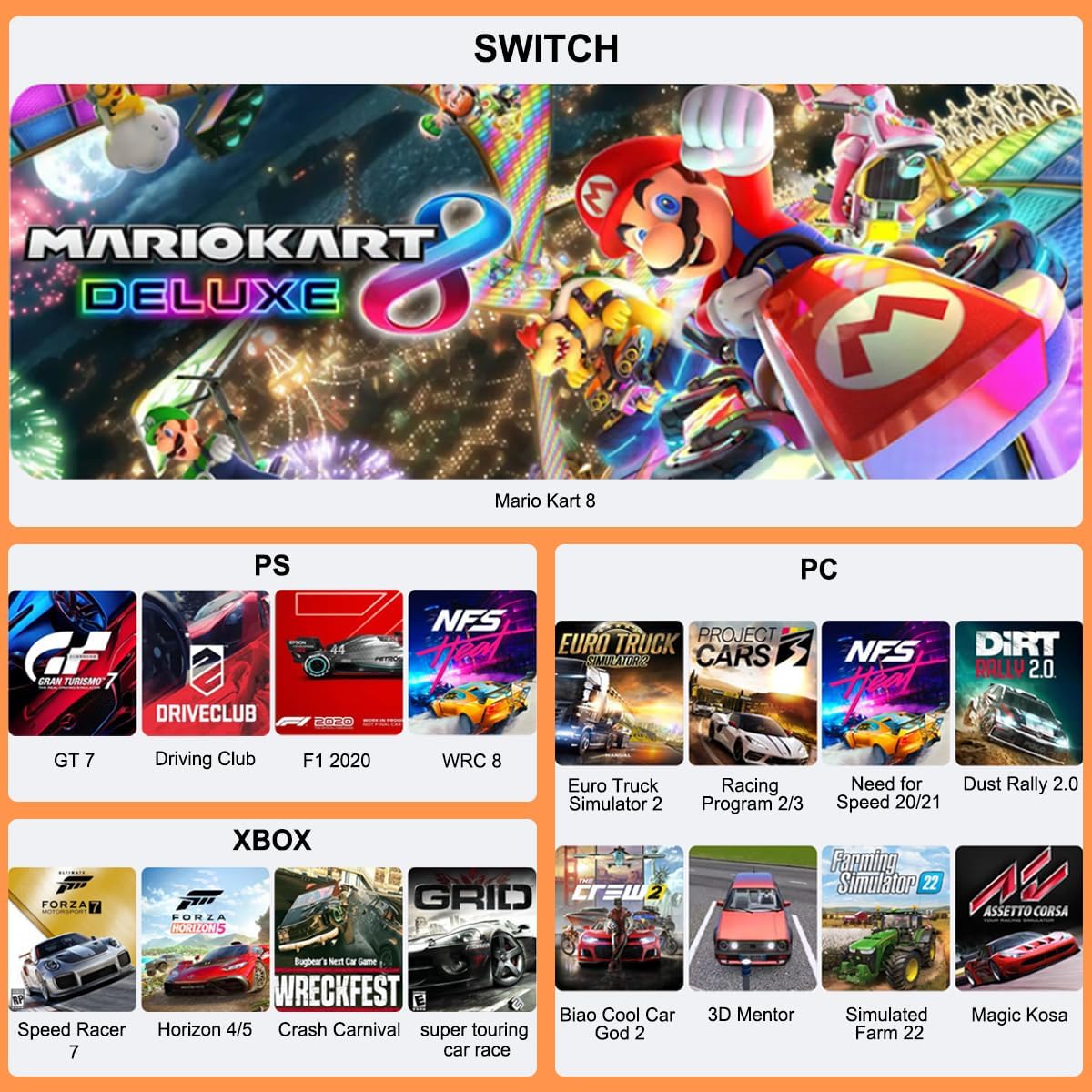 Various game titles compatible with PXN-V3II Racing Wheel