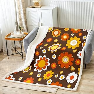 Groovy Manta de cama de flores para niñas y mujeres, color marrón funky de los años 60 y 70, manta de margarita retro con garabato, manta floral rústica vintage, decoración de cama, bebé 30 x 40