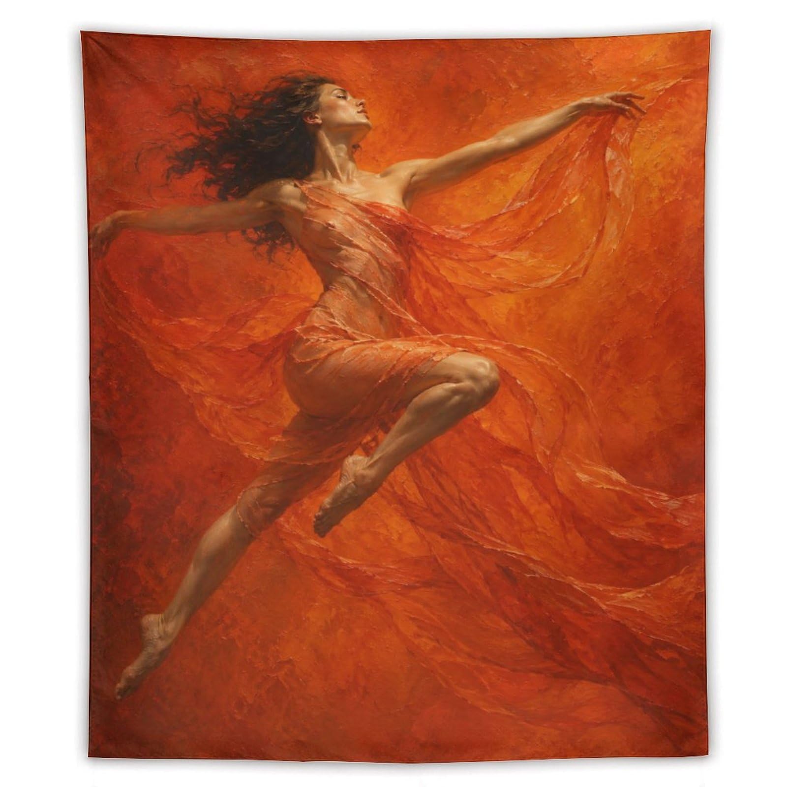H3B8U2Y5 Orange Ballerina Leap Wall Tapestry, Impressionist, Living Room