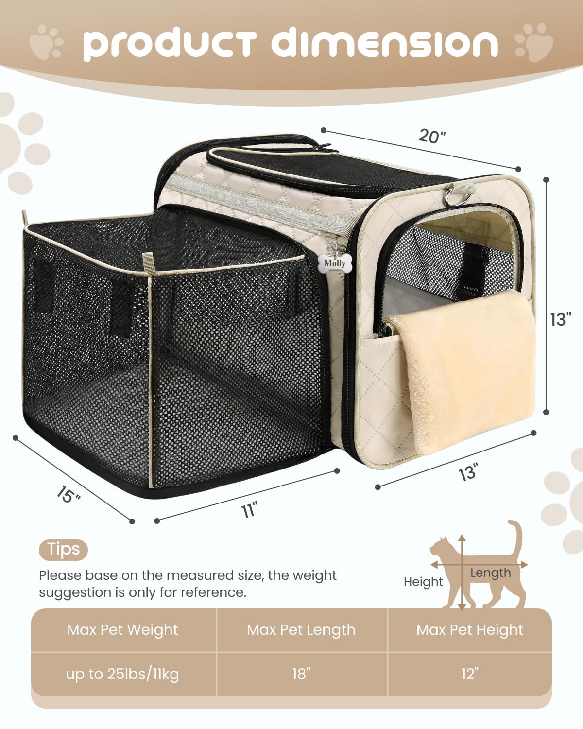 MIDOG Transportador de gatos suave para gatos pequeños a medianos, hasta 25 libras, aprobado por la TSA, transportador de mascotas de lados suaves, bolsa de viaje plegable para gatos (beige, 20 x 13 x