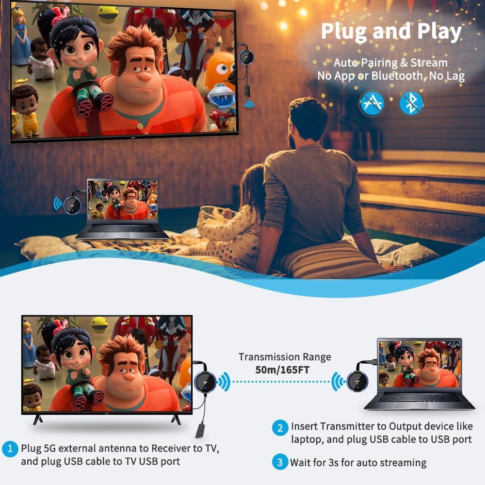 Trasmettitore e Ricevitore HDMI Senza Fili, 165FT/50M Trasmissione Video/Audio, 4K/5GHz Extender Kit per Laptop/Fotocamera/Blu-ray/PS5 a HDTV/Proiettore per Ufficio Scuola Chiesa
