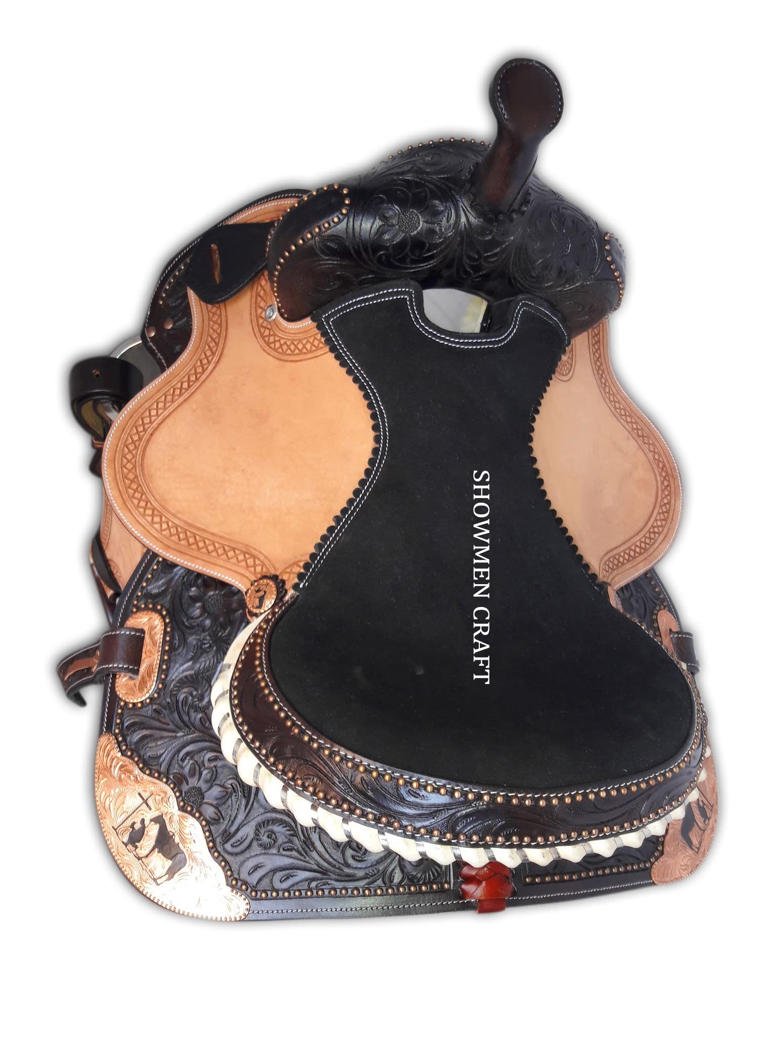 Western Saddle Barrel Racing Sella con accenti in rame da cowboy in preghiera con testiera e pettorale