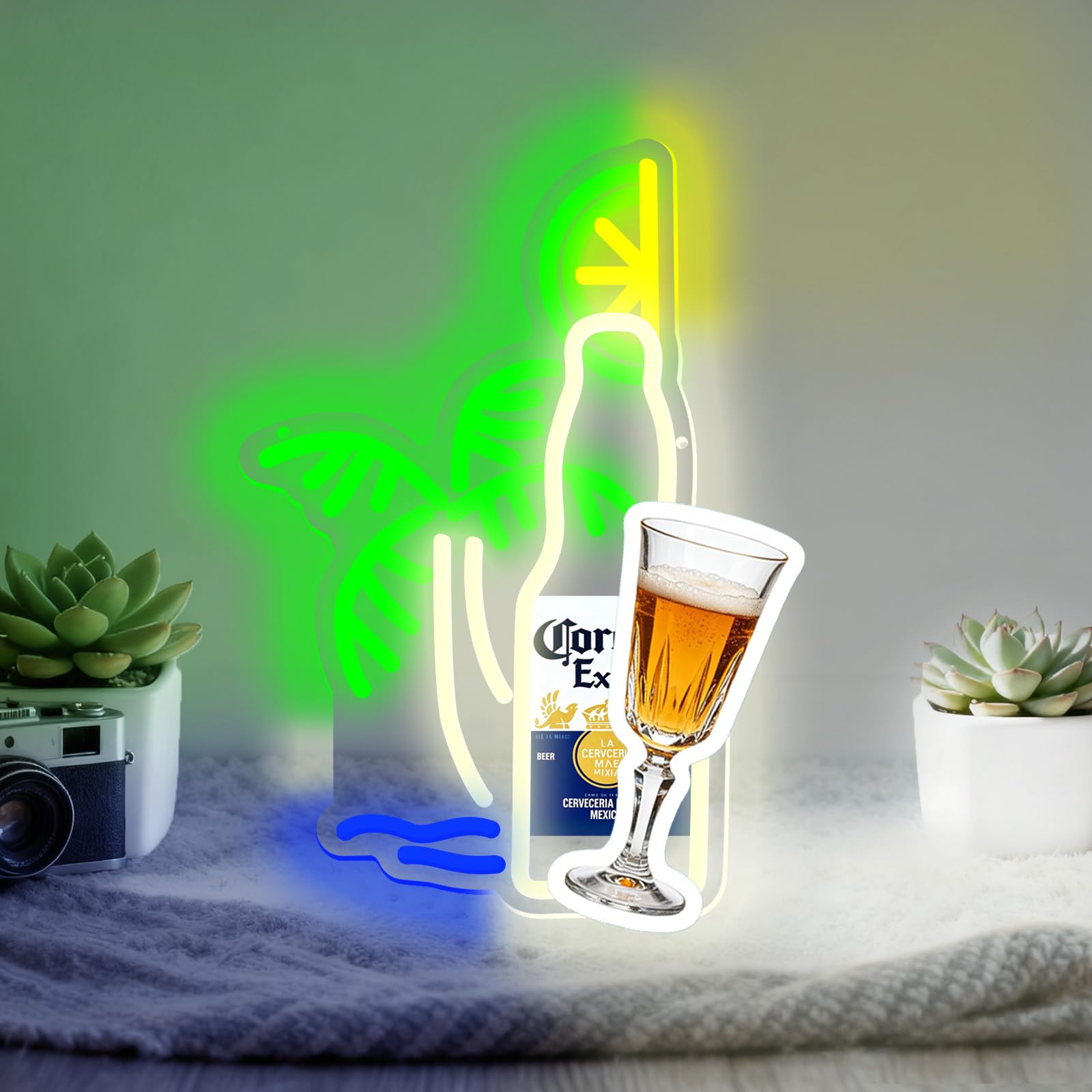 Palm Tree Corona Bottle Neon Sign UV Print USB Dimmable LED Light Decoration Suitable for Parties Men's Caves Bar Shop Decoration Neon Art Lights(5V 11.81 * 13.78 Inches)