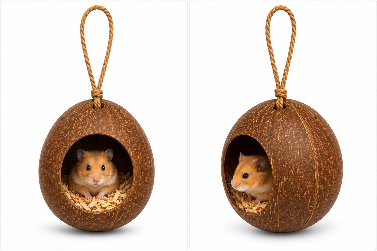Coconut Shell Hanging House for Hamsters and Small Pets 2 | 100% Natural Material, Cozy Nest Design, Rope Hanger Included, Safe for Small Pets, Durable Shell Build-image-0