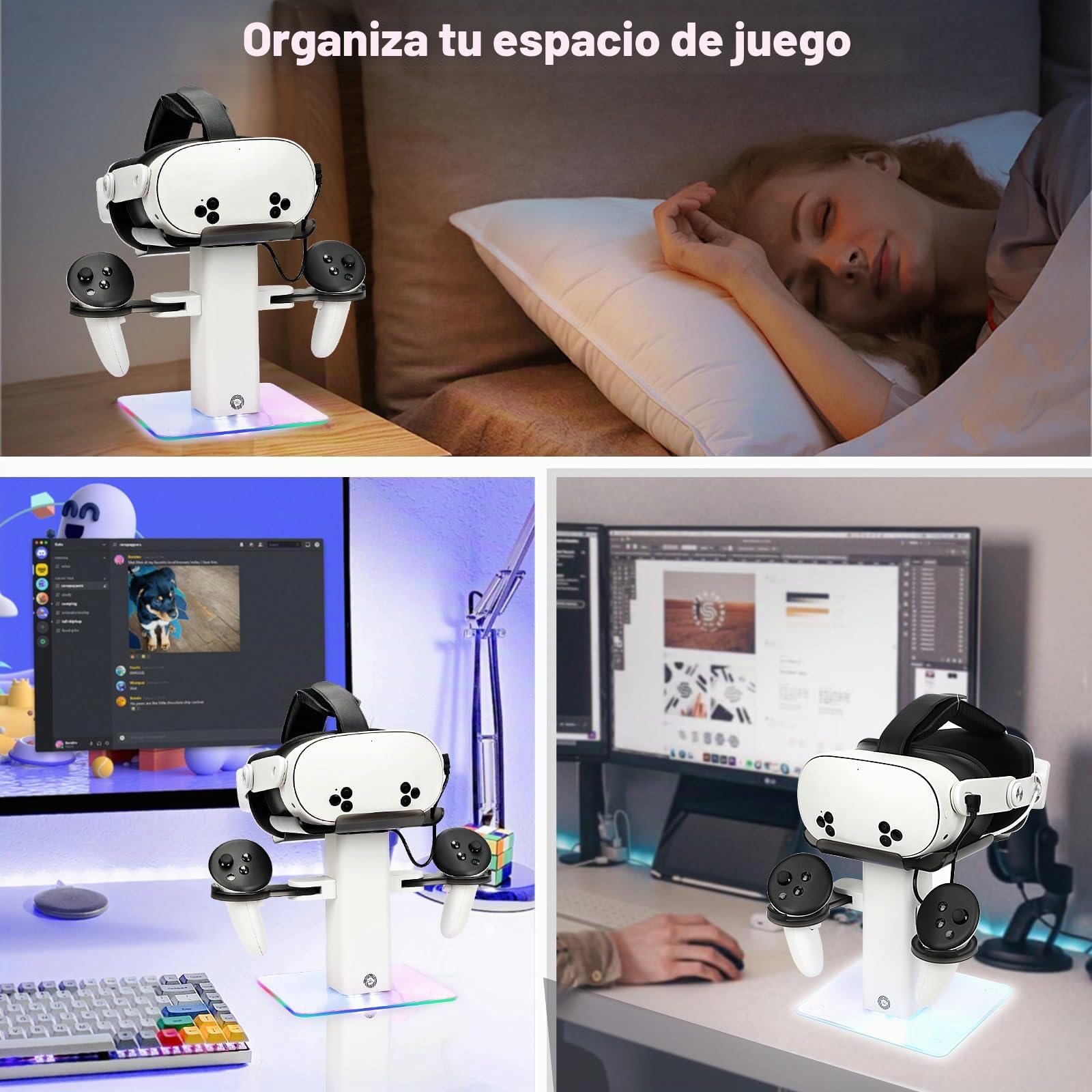 Base de Carga de diseño Compatible con Accesorios Meta Quest 3S/Quest 3, Soporte Vertical de Carga RGB, luz LED Inferior y Alfombrilla Antideslizante (Blanco)