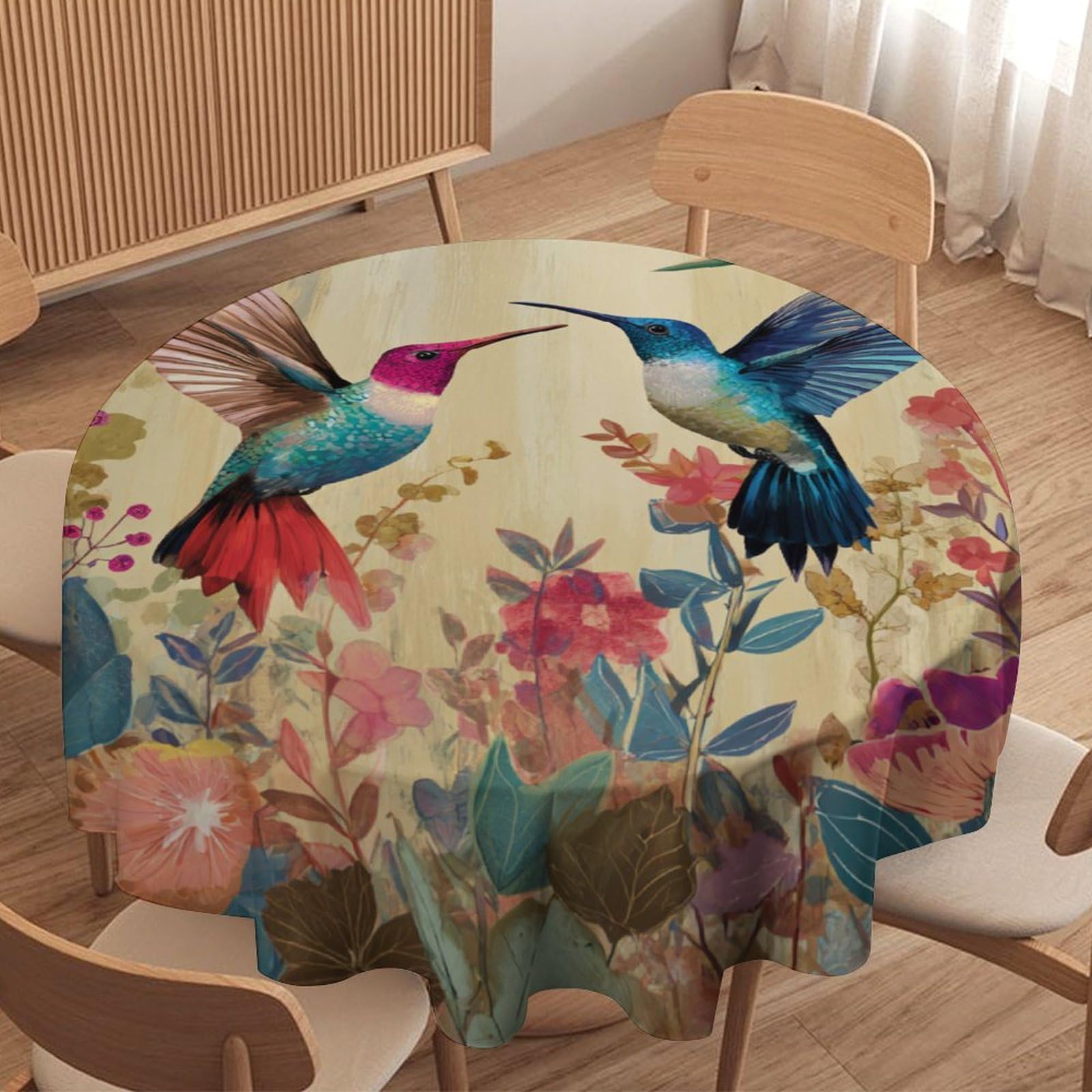 LUYYSKY Beautiful Rustic Hummingbirds Round Tablecloth Vintage Spring Garden Botanical Flowers Birds Hummingbirds Washable Decor for Table Cover for Kitchen-127 Wx127 L cm