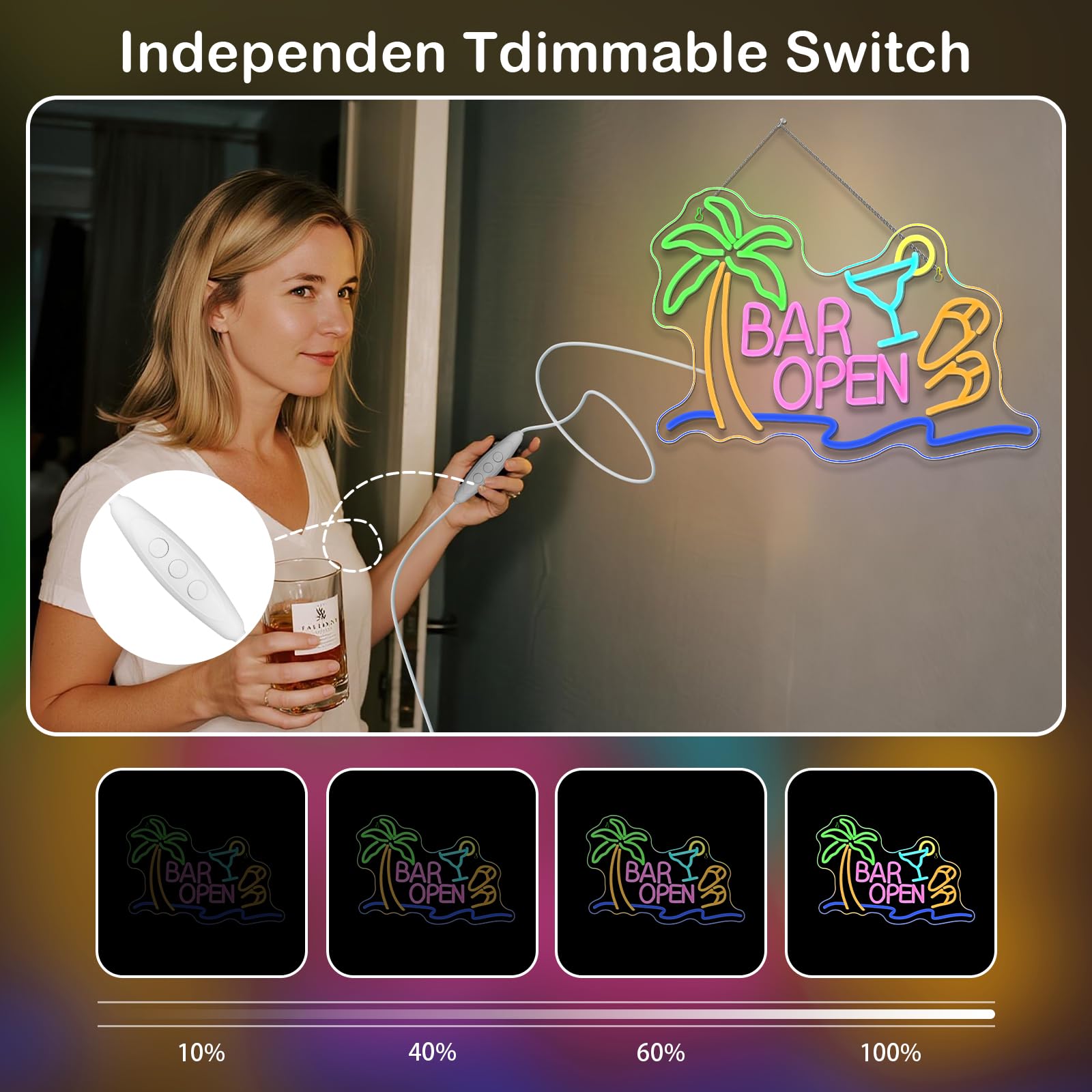 ineonlife Bar Open Neon Led, Palma Abierta Luces Neon,Bar de Cócteles Abierto Letrero Led,Letrero Luminoso para Hawai Bars,Bars de Cócteles,Pub,Club,Taberna de playa