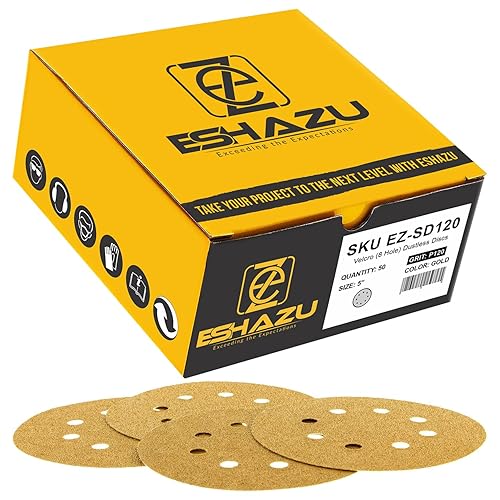 Miniatura 8 de Eshazu - Discos de lijado dorados de 5 pulgadas, paquete variado con 50 discos de acabado de papel de lija (granos 60, 80, 120, 220, 320), gancho y