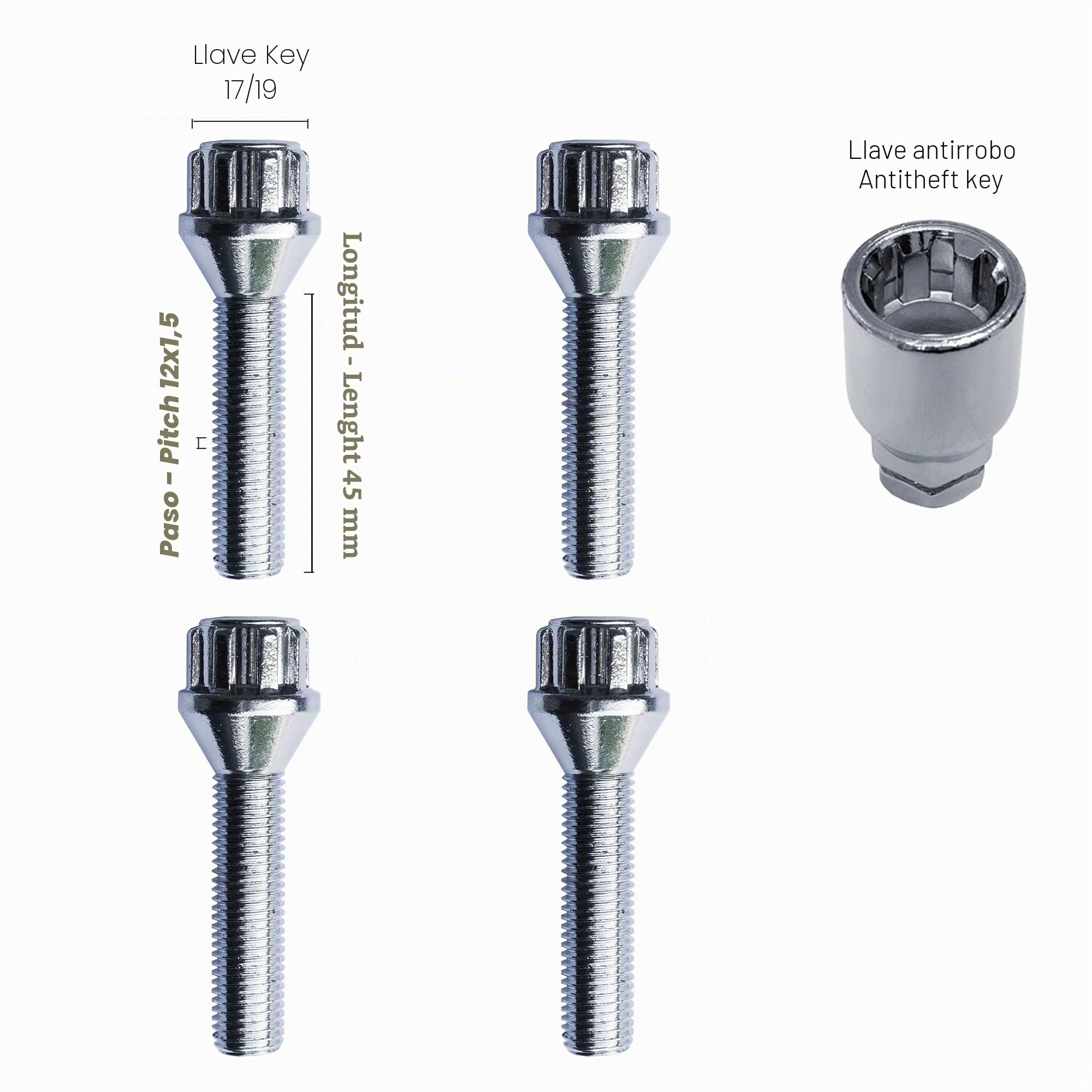 SIMONI RACING BRA/50 - Kit de 4 pernos antirrobo para ruedas, llave 17-19, M12 x 1,5, longitud 45 mm