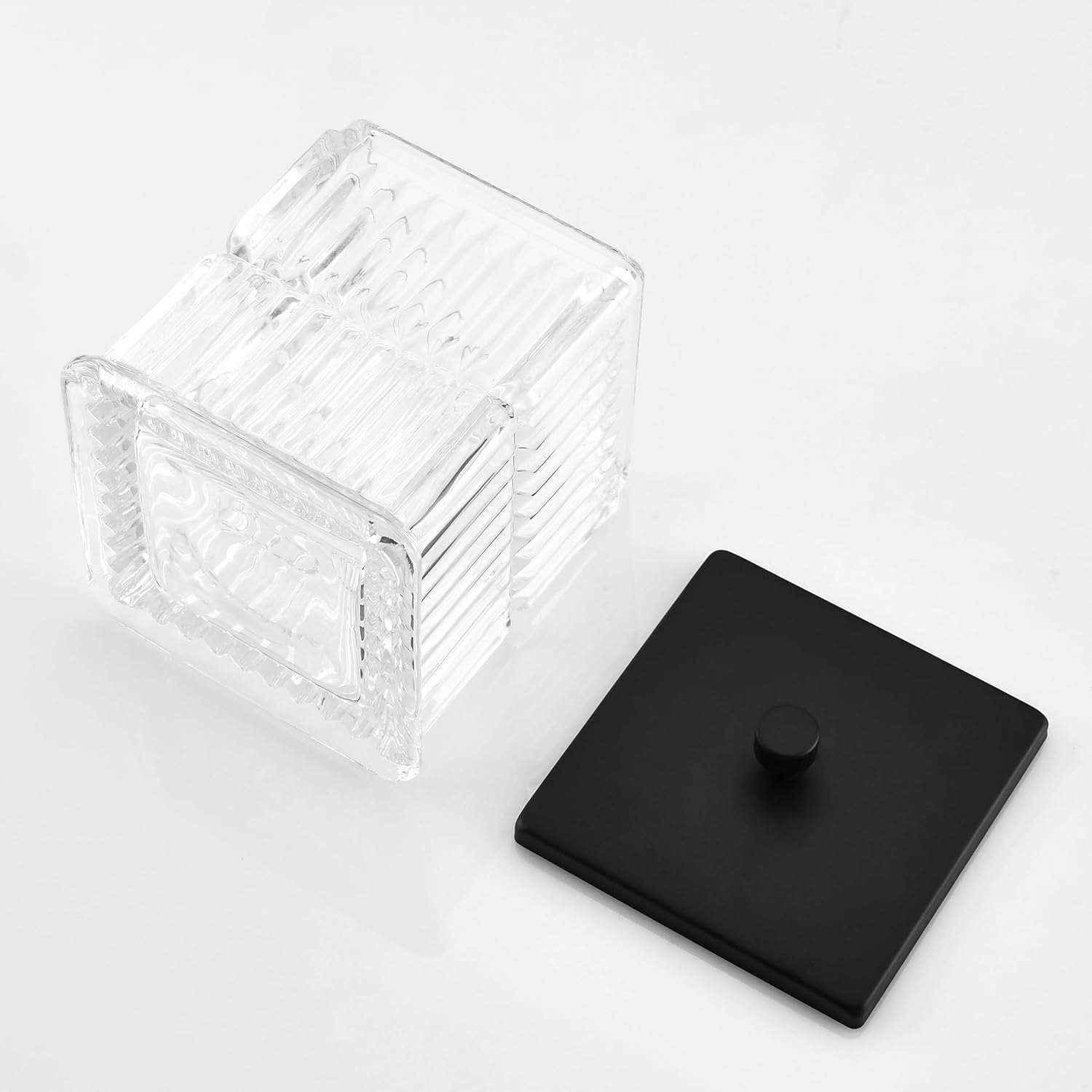 Vince Camuto Home Glass Cotton Jar Holder – Matte Black Lid, Elegant Bathroom Storage Canister for Qtips, Cotton Balls, Floss, Makeup Organizer, Vanity & Bathroom Organization