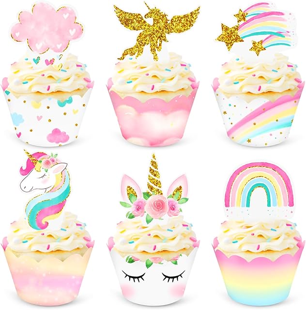 NICROHOME 30PCS Unicorn Cupcake Toppers, Rainbow Unicorn Cake Decorations for Birthday, Girls Unicorn Party Decorations