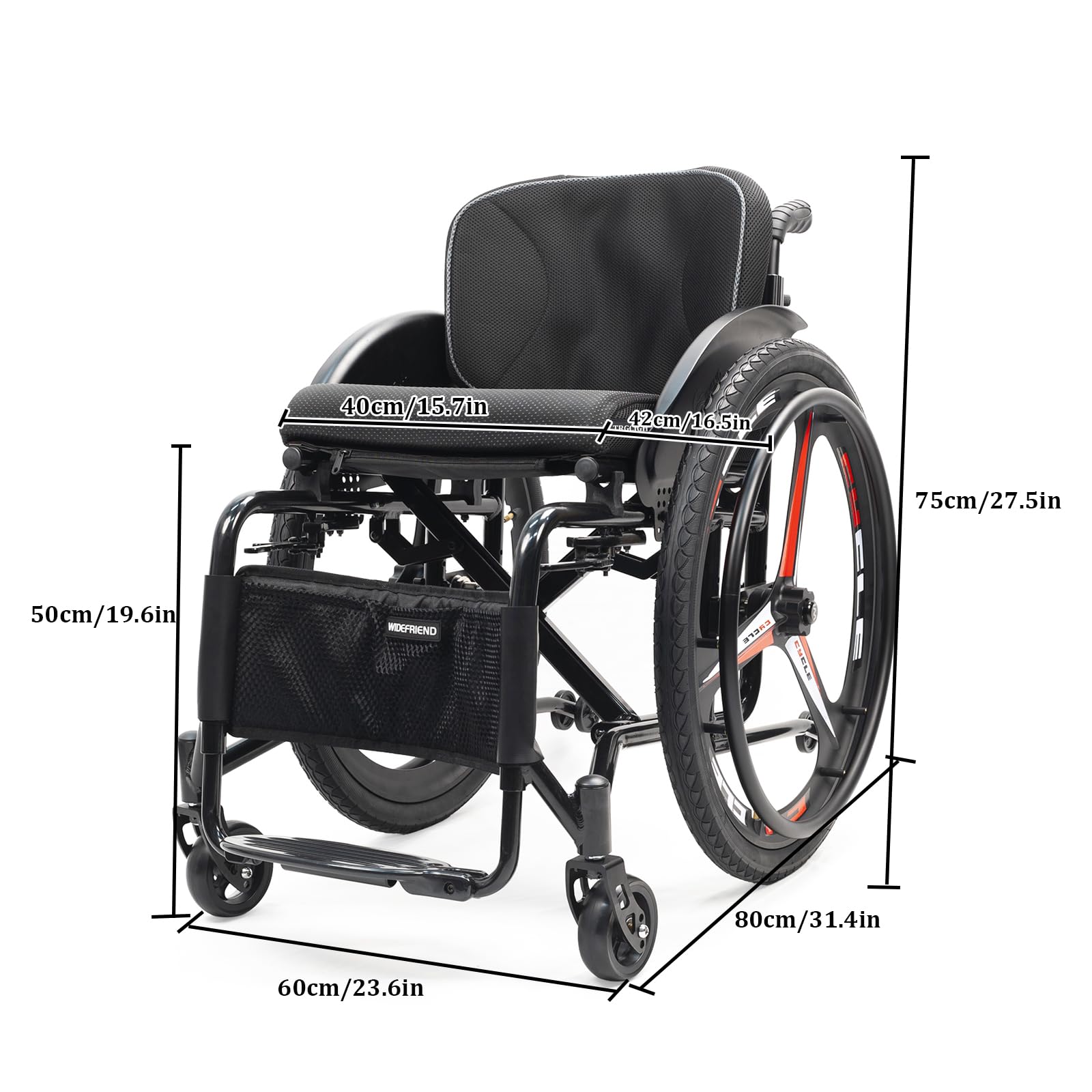 Silla de Ruedas Ligera Plegable de Aluminio, de tránsito, Autopropulsable, Frenos de Mano, Reposapiés abatibles, para minusválidos(Size:15.7in Seat Width,Color:Sports Style)